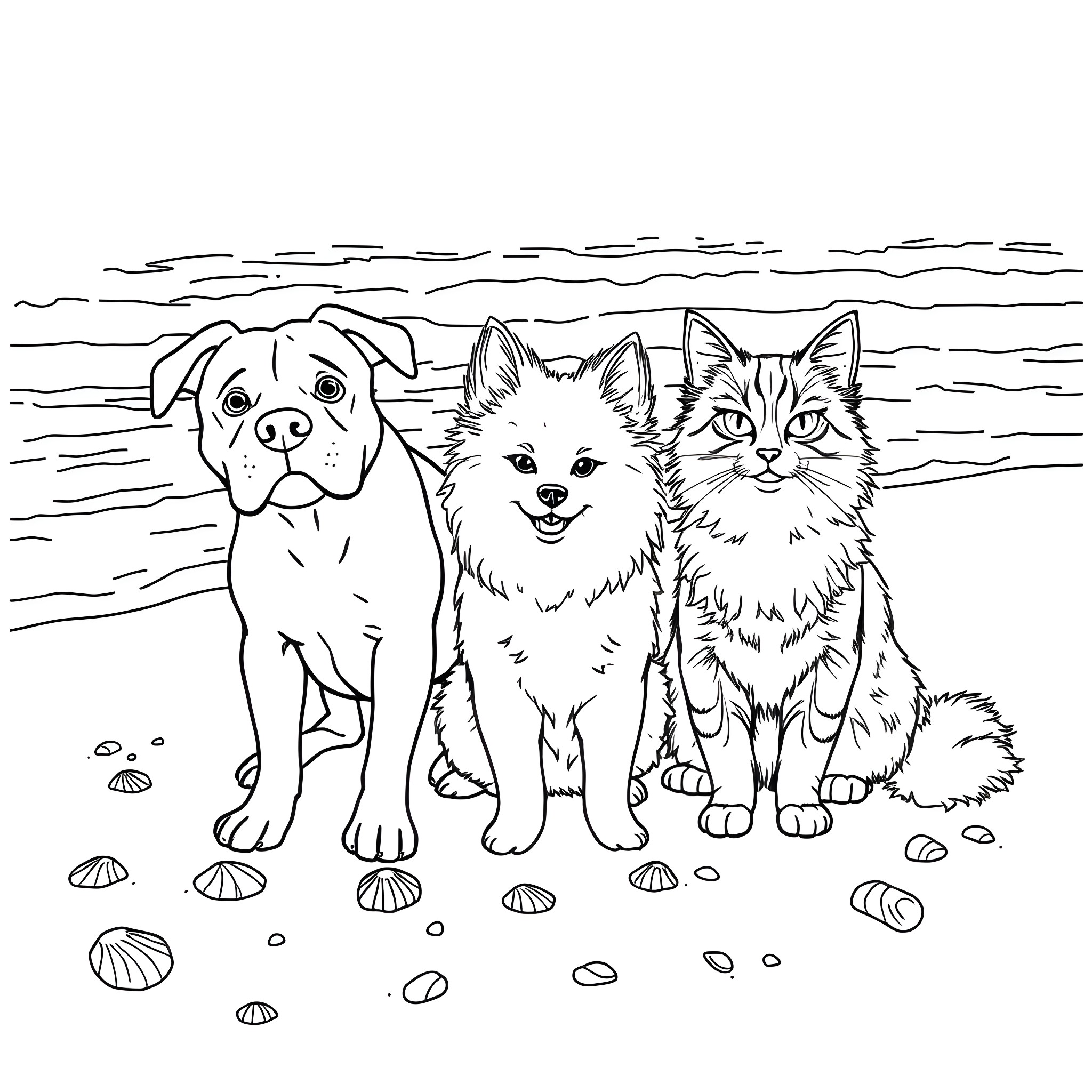 Dog, cat, and fox playing on the beach Coloring Page (free black-and-white line drawing printable PDF for all, from beginners to advanced learners, including children, teens, adults, and seniors)
