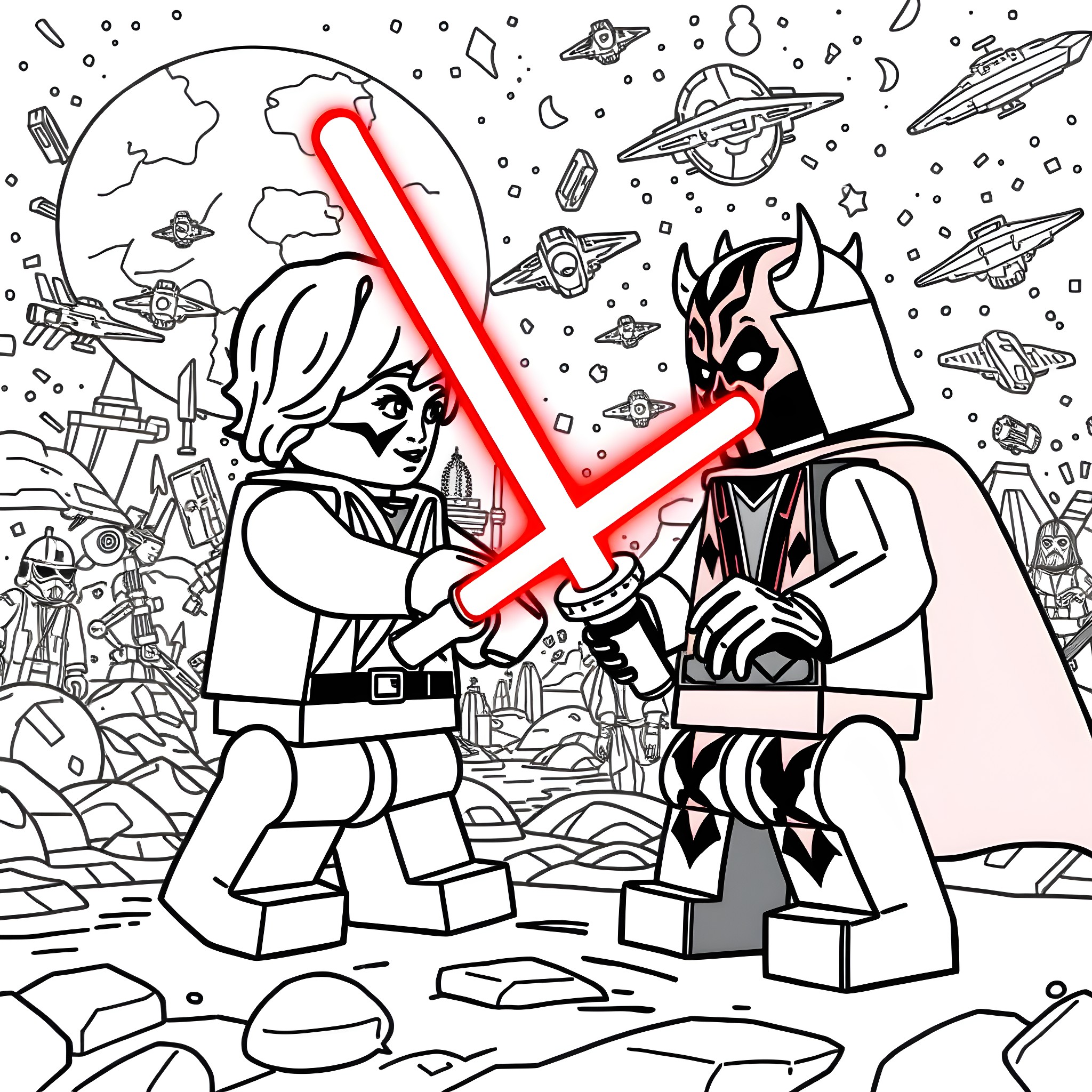 LEGO Minifigures in Galactic Battle Coloring Page (free black-and-white line drawing printable PDF for all, from beginners to advanced learners, including children, teens, adults, and seniors)
