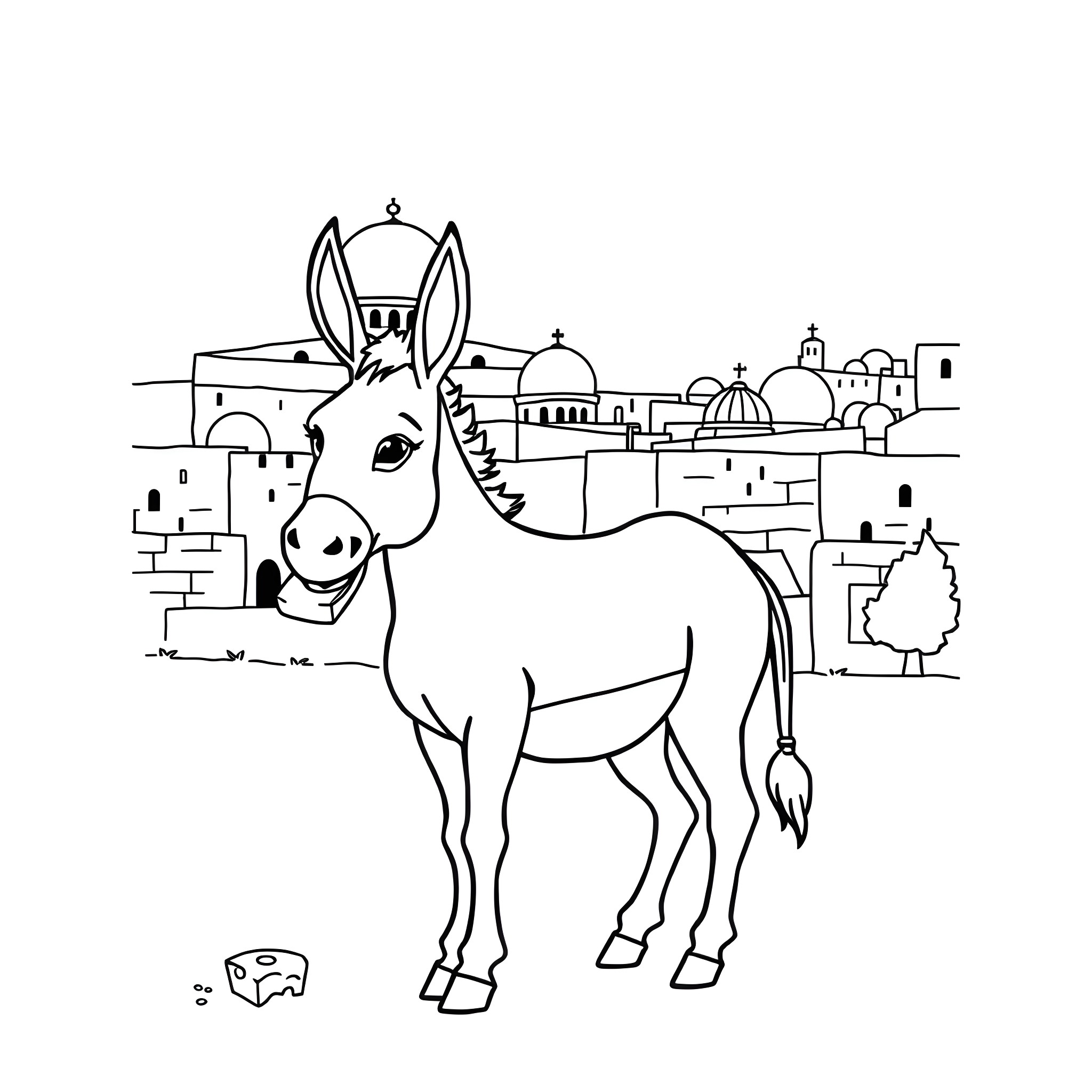 Donkey in a Middle Eastern city Coloring Page (free black-and-white line drawing printable PDF for all, from beginners to advanced learners, including children, teens, adults, and seniors)
