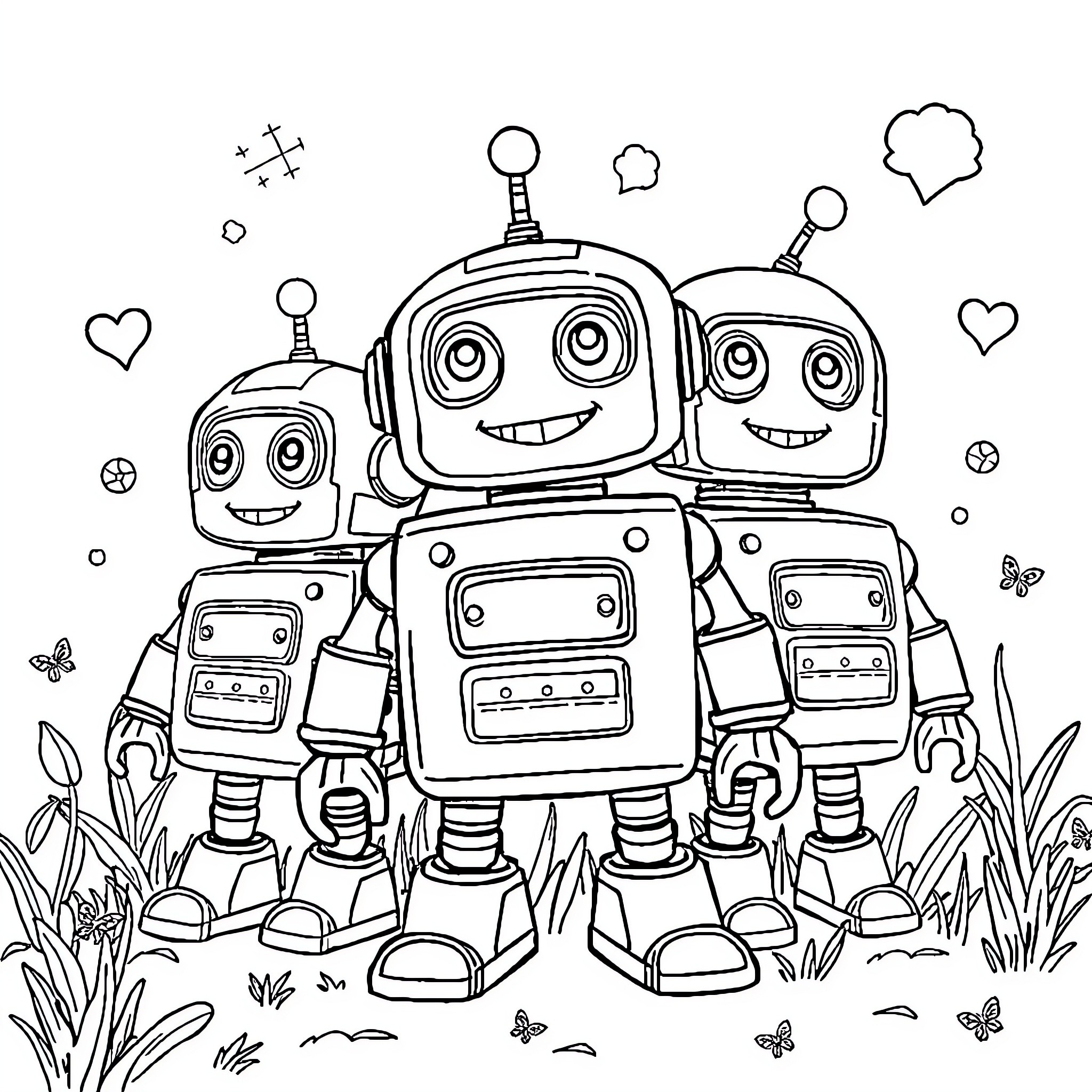 Robot friends exploring a whimsical outdoor scene Coloring Page (free black-and-white line drawing printable PDF for all, from beginners to advanced learners, including children, teens, adults, and seniors)