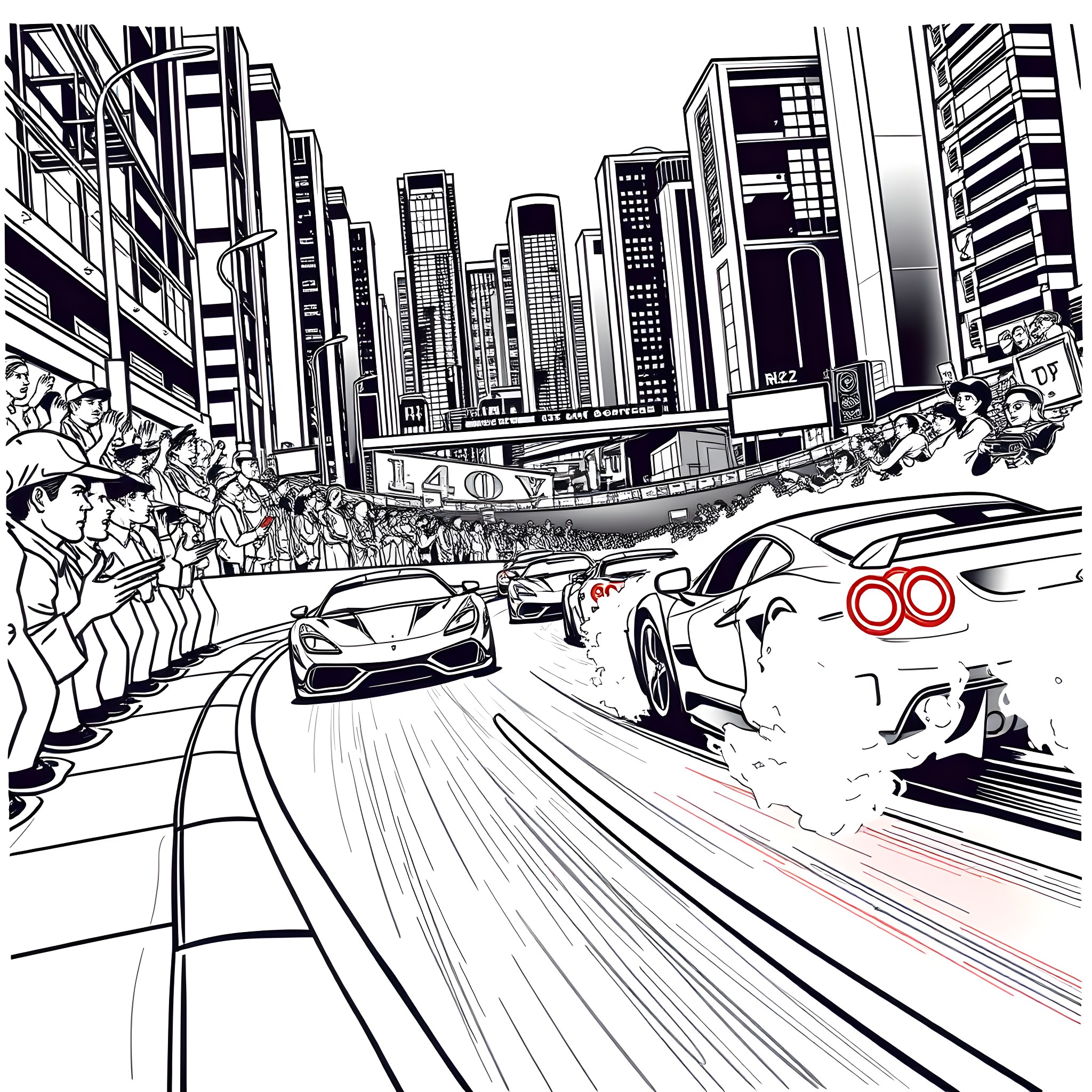 Car racing in a crowded city street scene Coloring Page (free black-and-white line drawing printable PDF for all, from beginners to advanced learners, including children, teens, adults, and seniors)