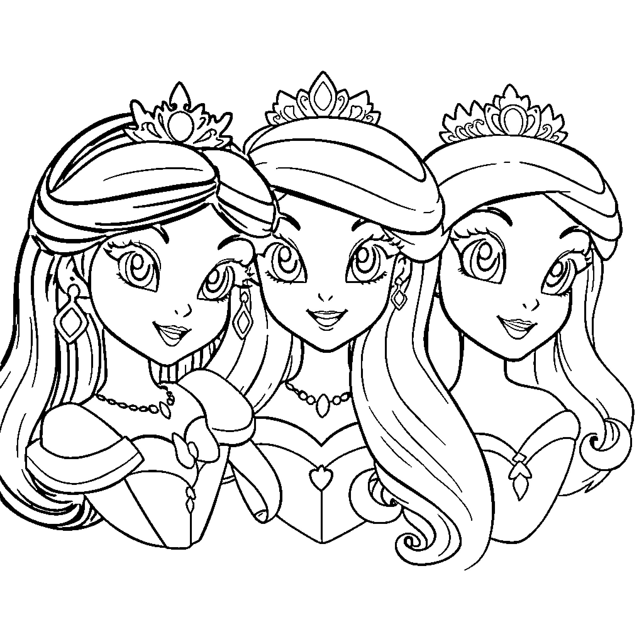 Disney Princess trio in elegant dresses and tiaras Coloring Page (free black-and-white line drawing printable PDF for all, from beginners to advanced learners, including children, teens, adults, and seniors)