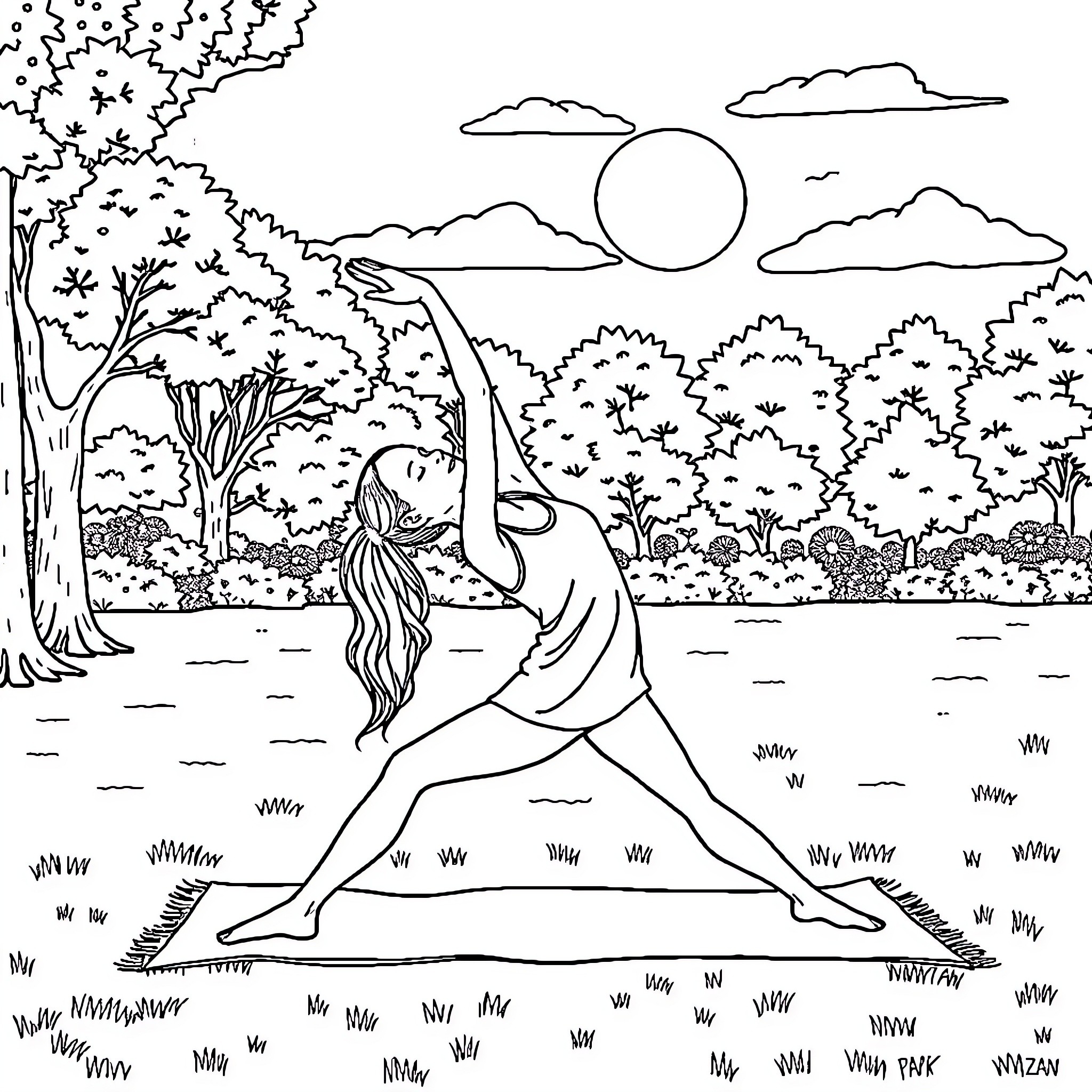 Yoga Girl Practicing Outdoors in Nature Coloring Page (free black-and-white line drawing printable PDF for all, from beginners to advanced learners, including children, teens, adults, and seniors)