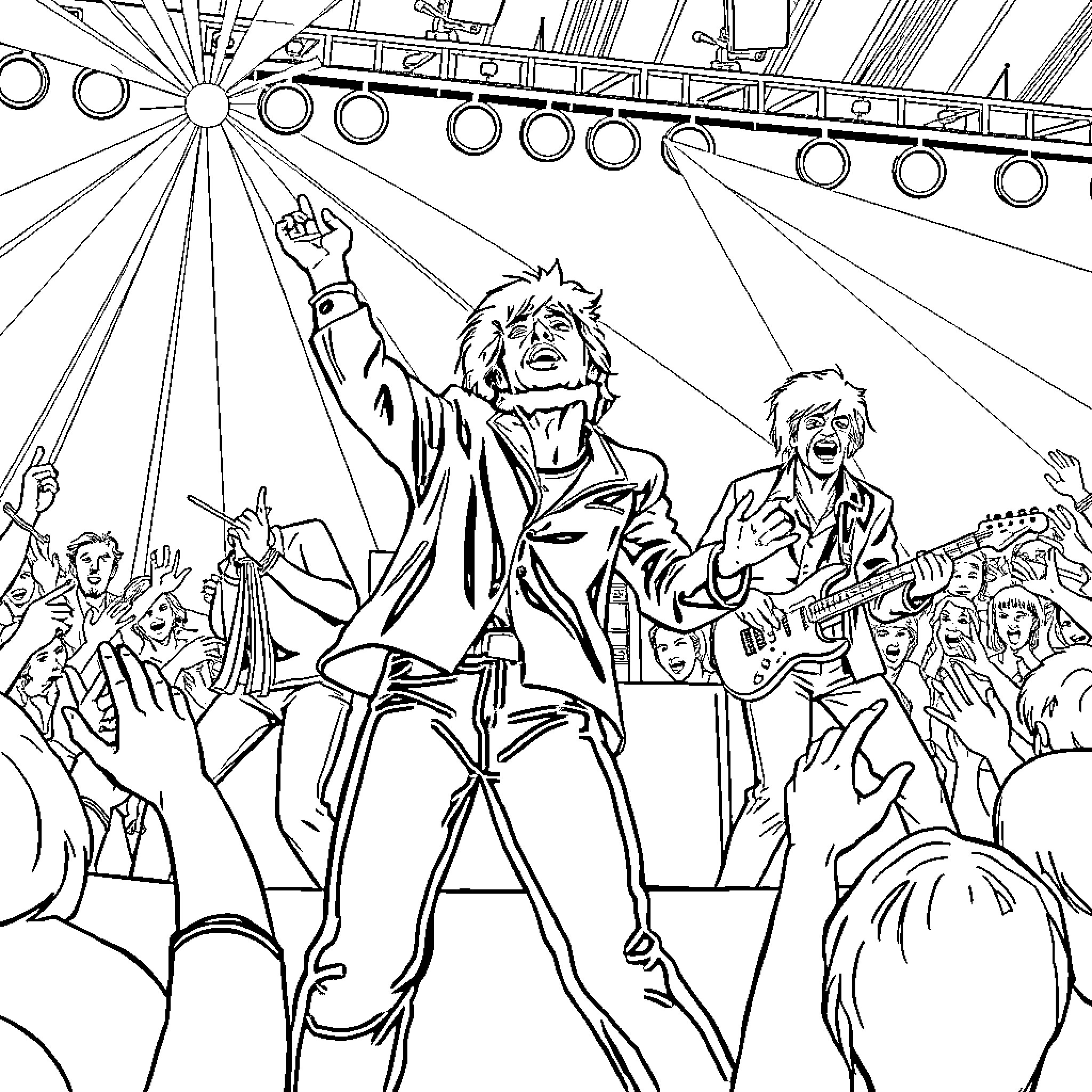 Rolling Stones Performing Lively Rock Concert Coloring Page (free black-and-white line drawing printable PDF for all, from beginners to advanced learners, including children, teens, adults, and seniors)