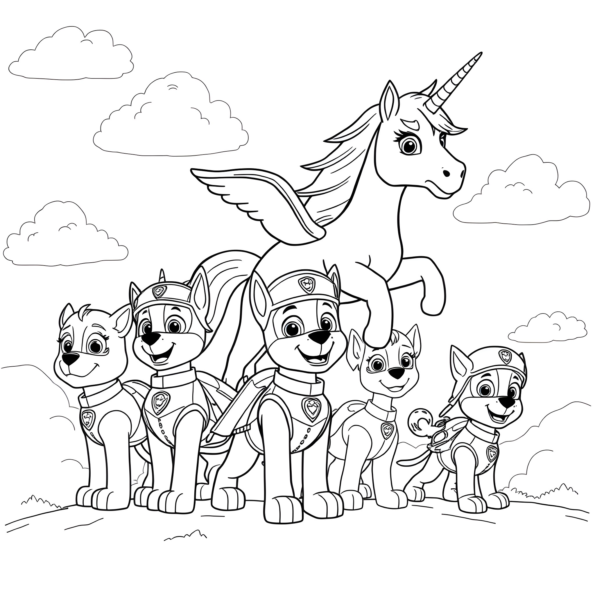 Unicorn and Paw Patrol Pups on an Adventure Coloring Page (free black-and-white line drawing printable PDF for all, from beginners to advanced learners, including children, teens, adults, and seniors)
