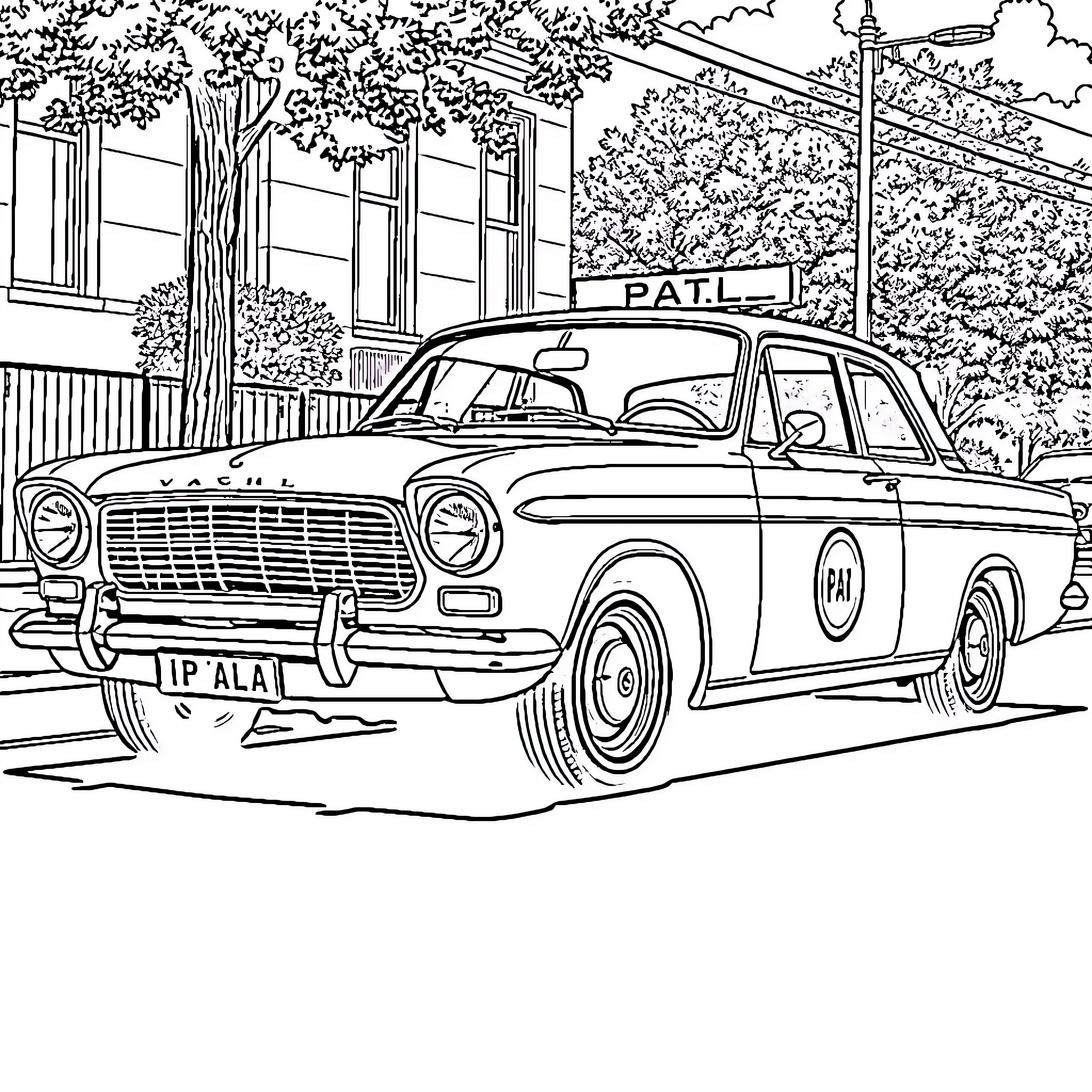 Vauxhall police car in city street scene Coloring Page (free black-and-white line drawing printable PDF for all, from beginners to advanced learners, including children, teens, adults, and seniors)