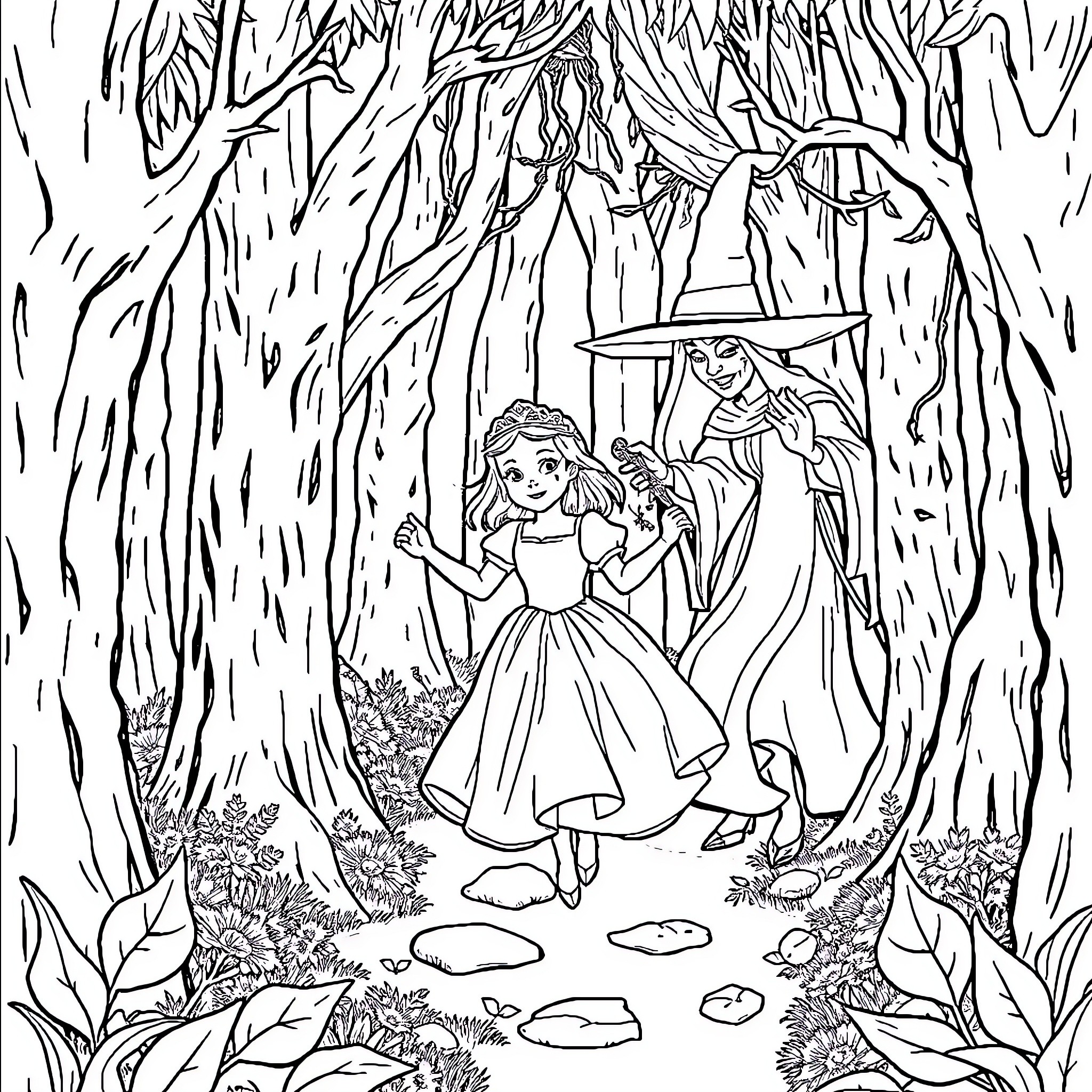 Princess in a Magical Forest Adventure Coloring Page (free black-and-white line drawing printable PDF for all, from beginners to advanced learners, including children, teens, adults, and seniors)