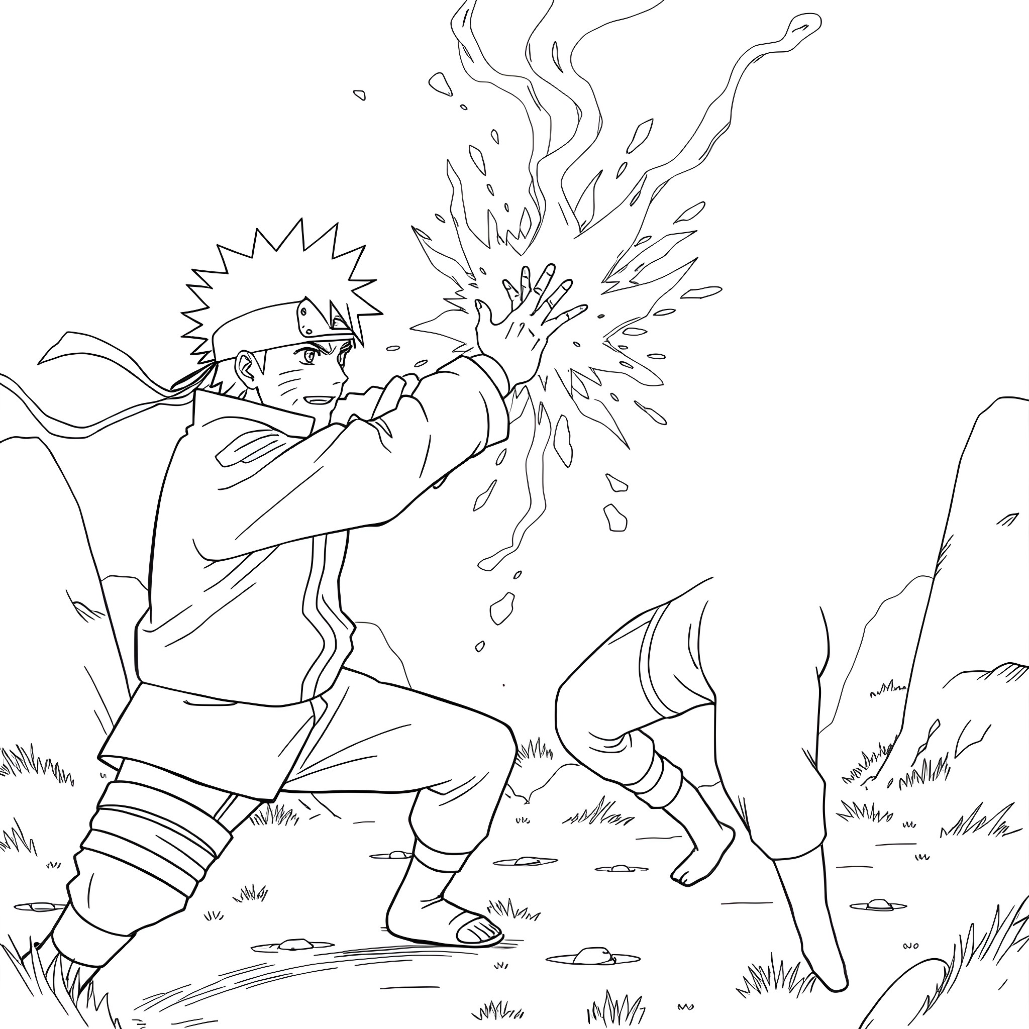 Naruto in an intense ninja battle scene Coloring Page (free black-and-white line drawing printable PDF for all, from beginners to advanced learners, including children, teens, adults, and seniors)