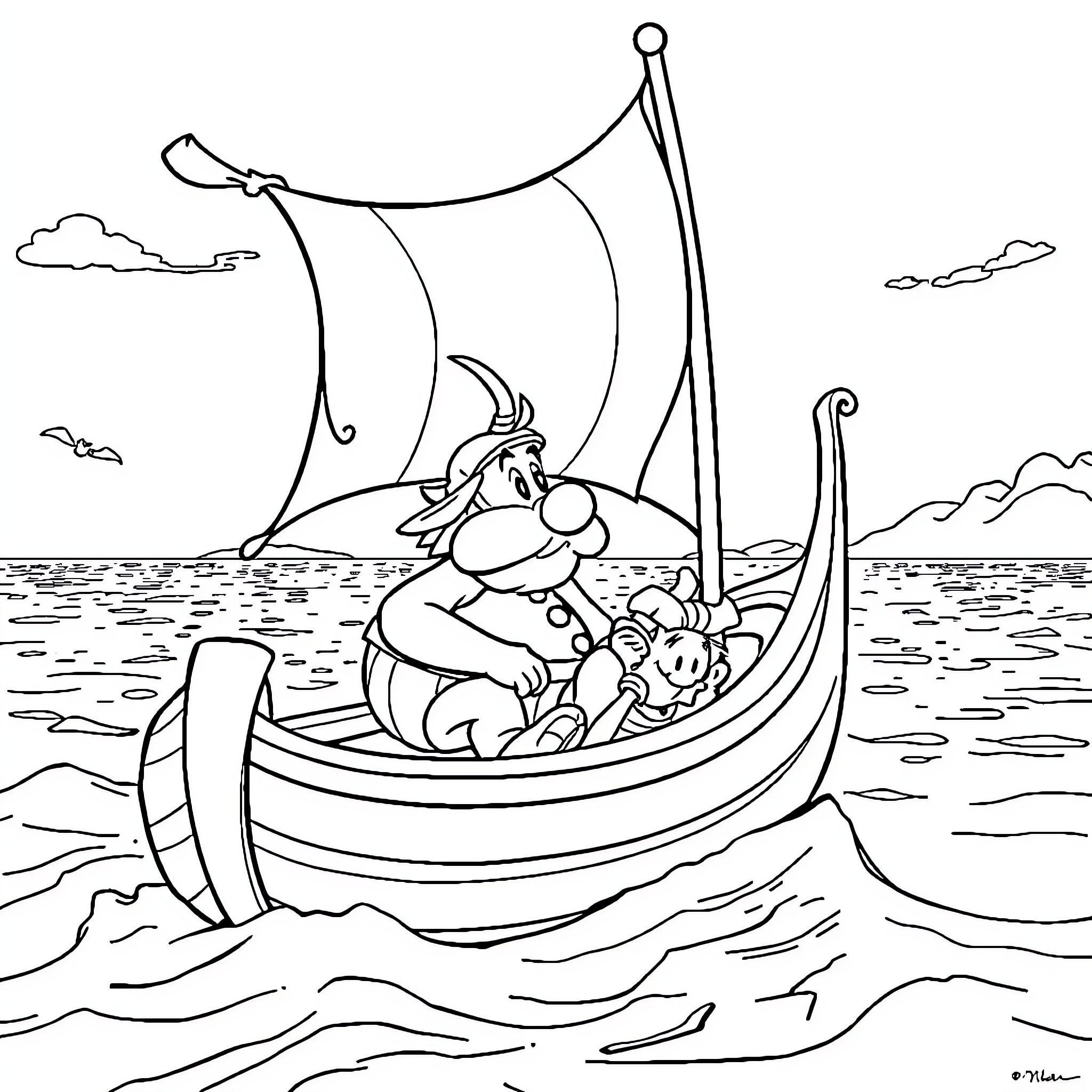 Asterix and friends sailing on a Viking longship Coloring Page (free black-and-white line drawing printable PDF for all, from beginners to advanced learners, including children, teens, adults, and seniors)
