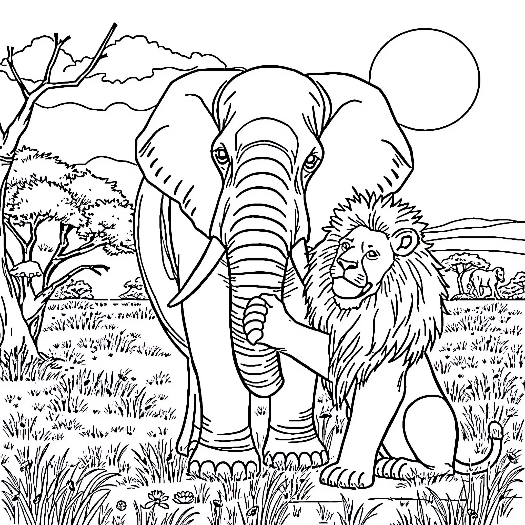 Elephant and Lion in African Safari Landscape Coloring Page (free black-and-white line drawing printable PDF for all, from beginners to advanced learners, including children, teens, adults, and seniors)
