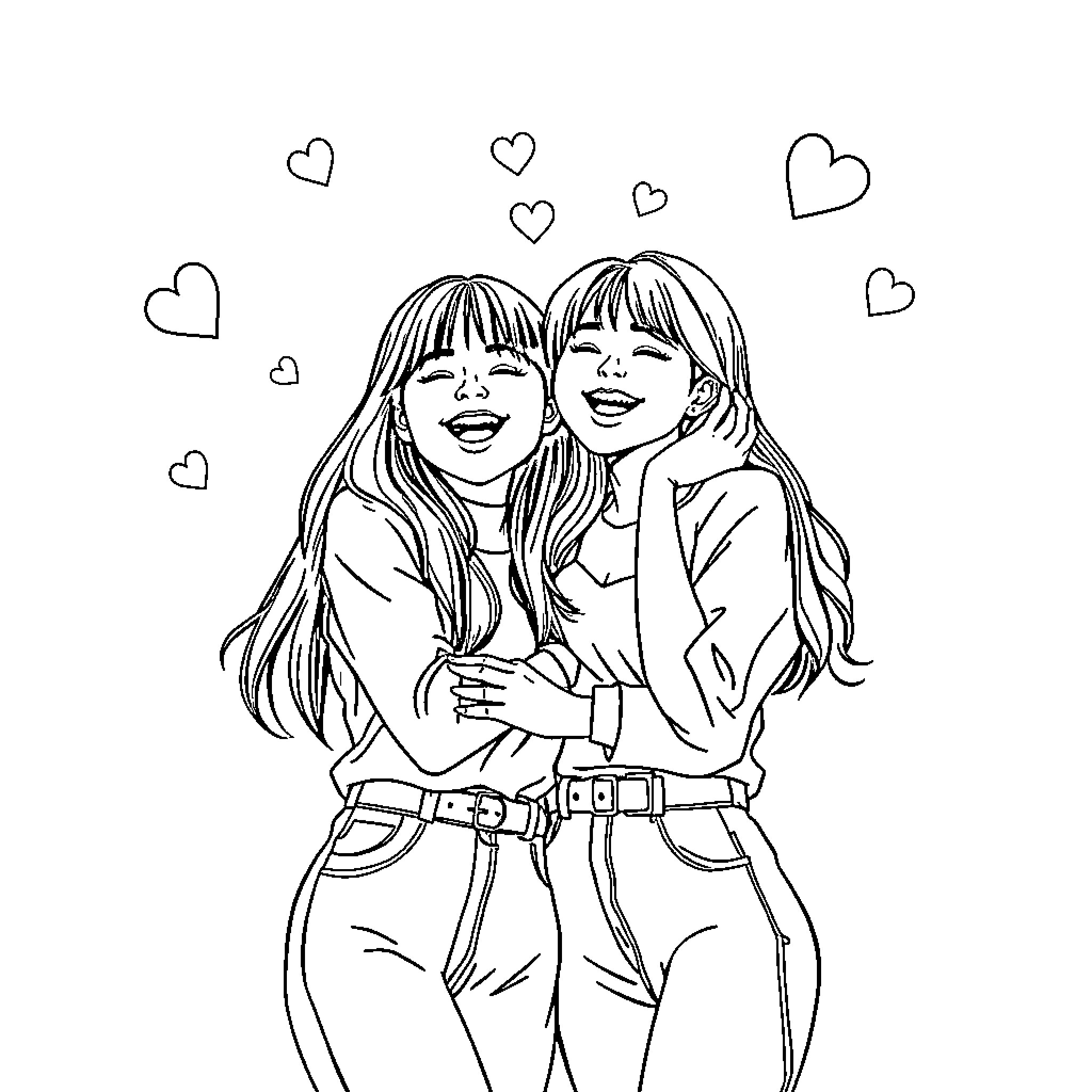 K Pop Friends Embracing in Joy Coloring Page (free black-and-white line drawing printable PDF for all, from beginners to advanced learners, including children, teens, adults, and seniors)