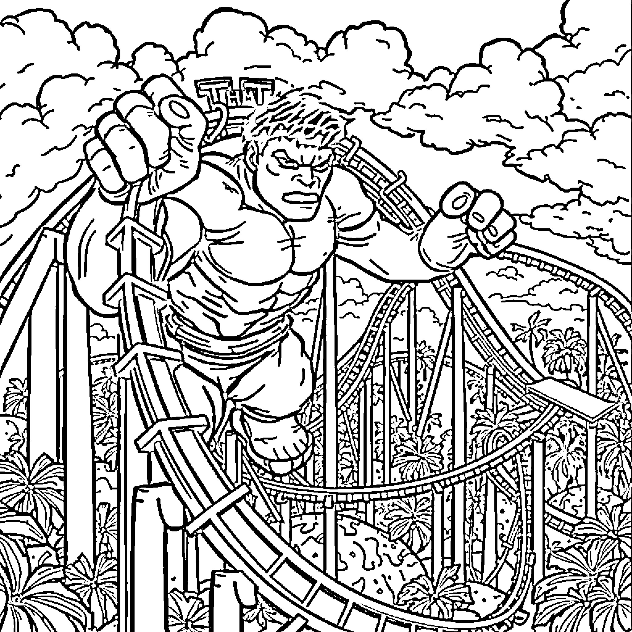 Hulk Riding Roller Coaster Amidst Cloudy Skies Coloring Page (free black-and-white line drawing printable PDF for all, from beginners to advanced learners, including children, teens, adults, and seniors)