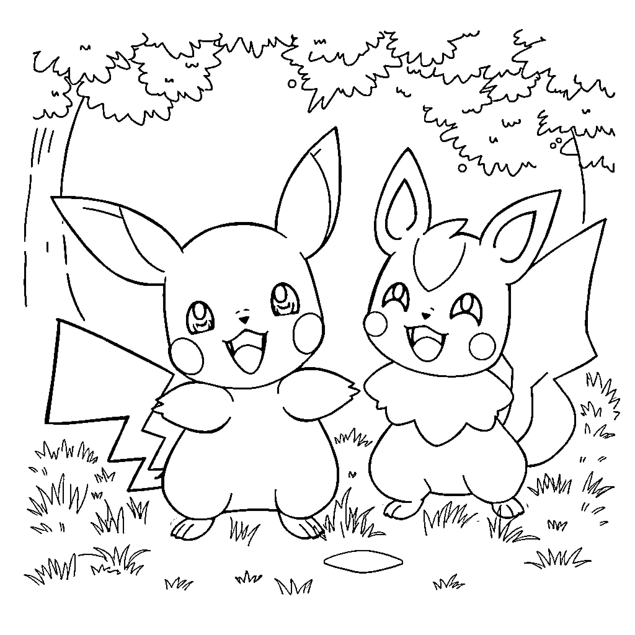 Pichu and Friends in the Outdoors Coloring Page (free black-and-white line drawing printable PDF for all, from beginners to advanced learners, including children, teens, adults, and seniors)