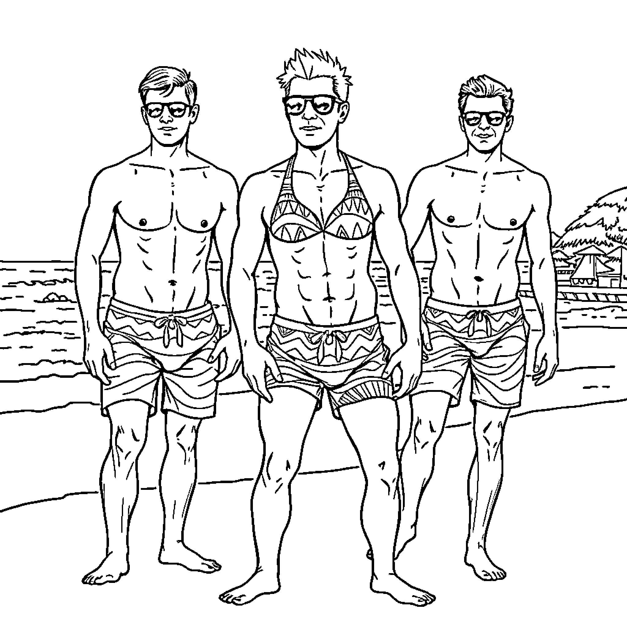 Men in swimwear enjoying day at the beach Coloring Page (free black-and-white line drawing printable PDF for all, from beginners to advanced learners, including children, teens, adults, and seniors)