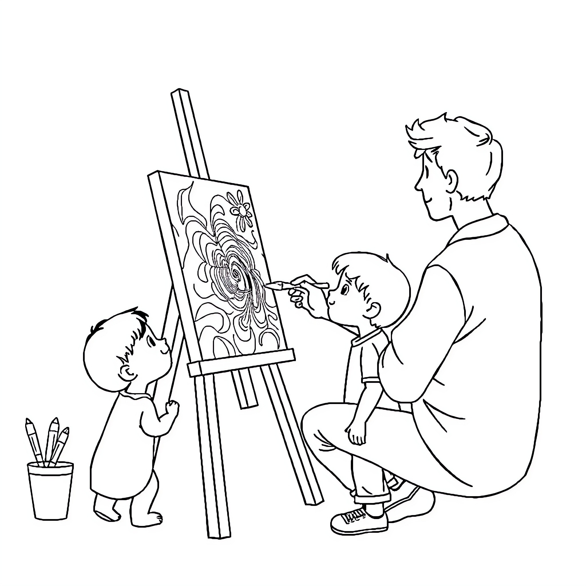 Person teaching child art on easel Coloring Page (free black-and-white line drawing printable PDF for all, from beginners to advanced learners, including children, teens, adults, and seniors)