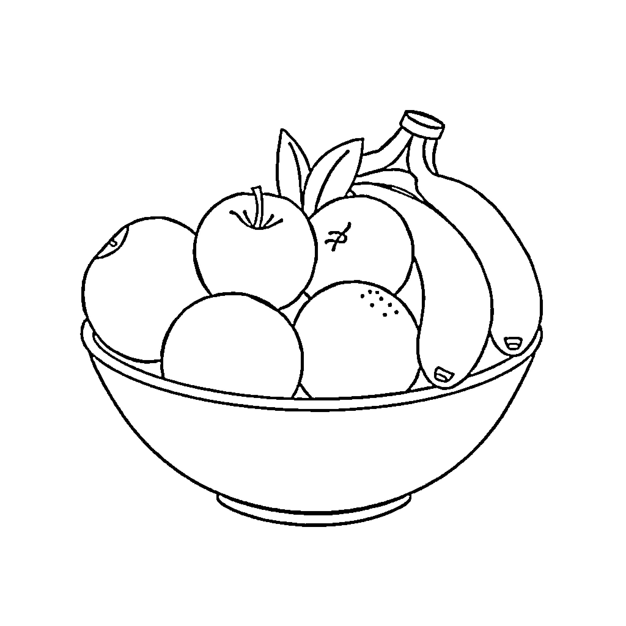 Fruit Bowl with Assorted Produce Coloring Page (free black-and-white line drawing printable PDF for all, from beginners to advanced learners, including children, teens, adults, and seniors)