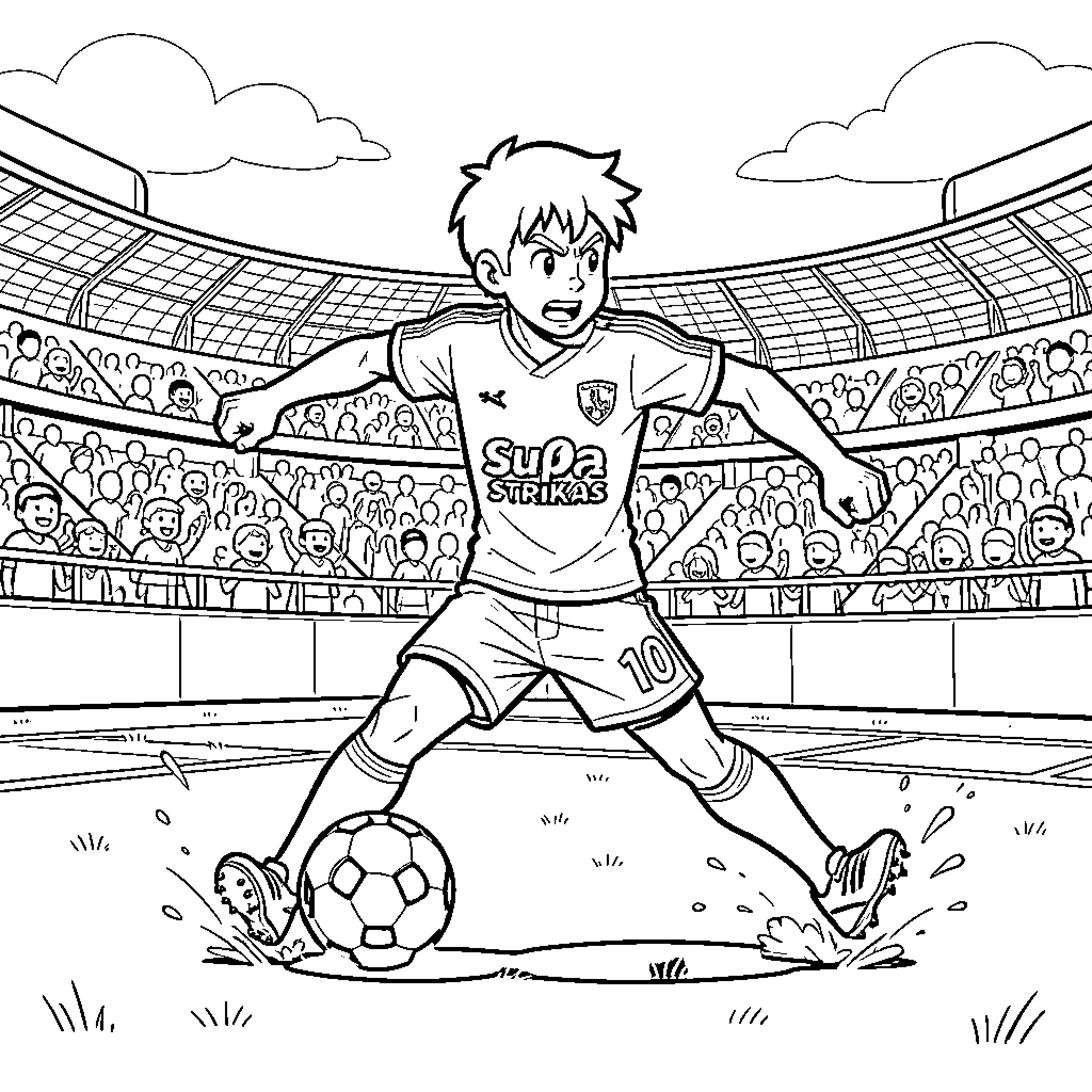 Supa Strikas player dribbling a soccer ball in a stadium Coloring Page (free black-and-white line drawing printable PDF for all, from beginners to advanced learners, including children, teens, adults, and seniors)