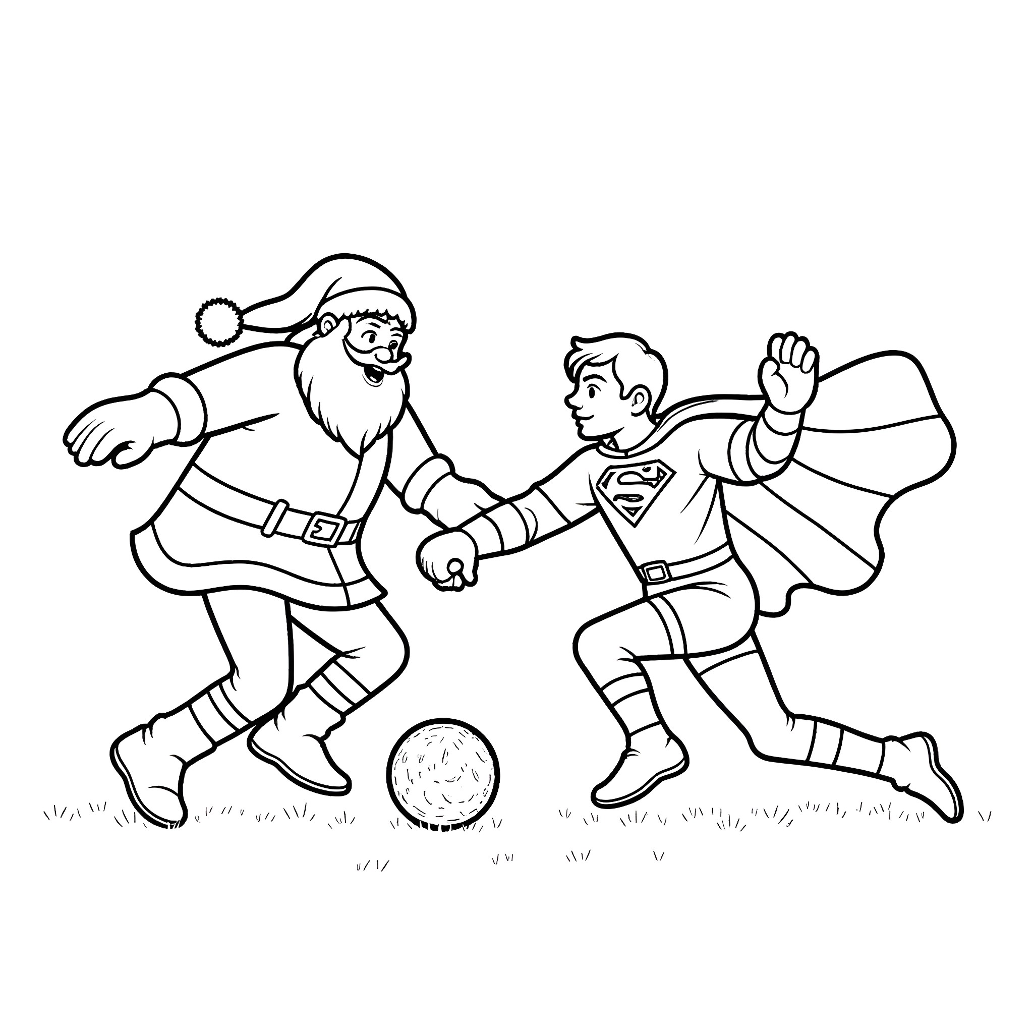 Santa and Superman playing with soccer ball Coloring Page (free black-and-white line drawing printable PDF for all, from beginners to advanced learners, including children, teens, adults, and seniors)