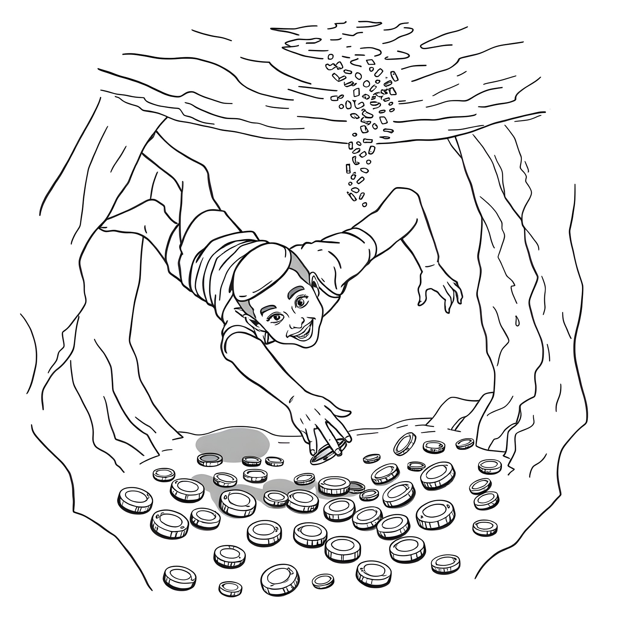 Jewish Guy Diving for Treasure in a Cave Coloring Page (free black-and-white line drawing printable PDF for all, from beginners to advanced learners, including children, teens, adults, and seniors)