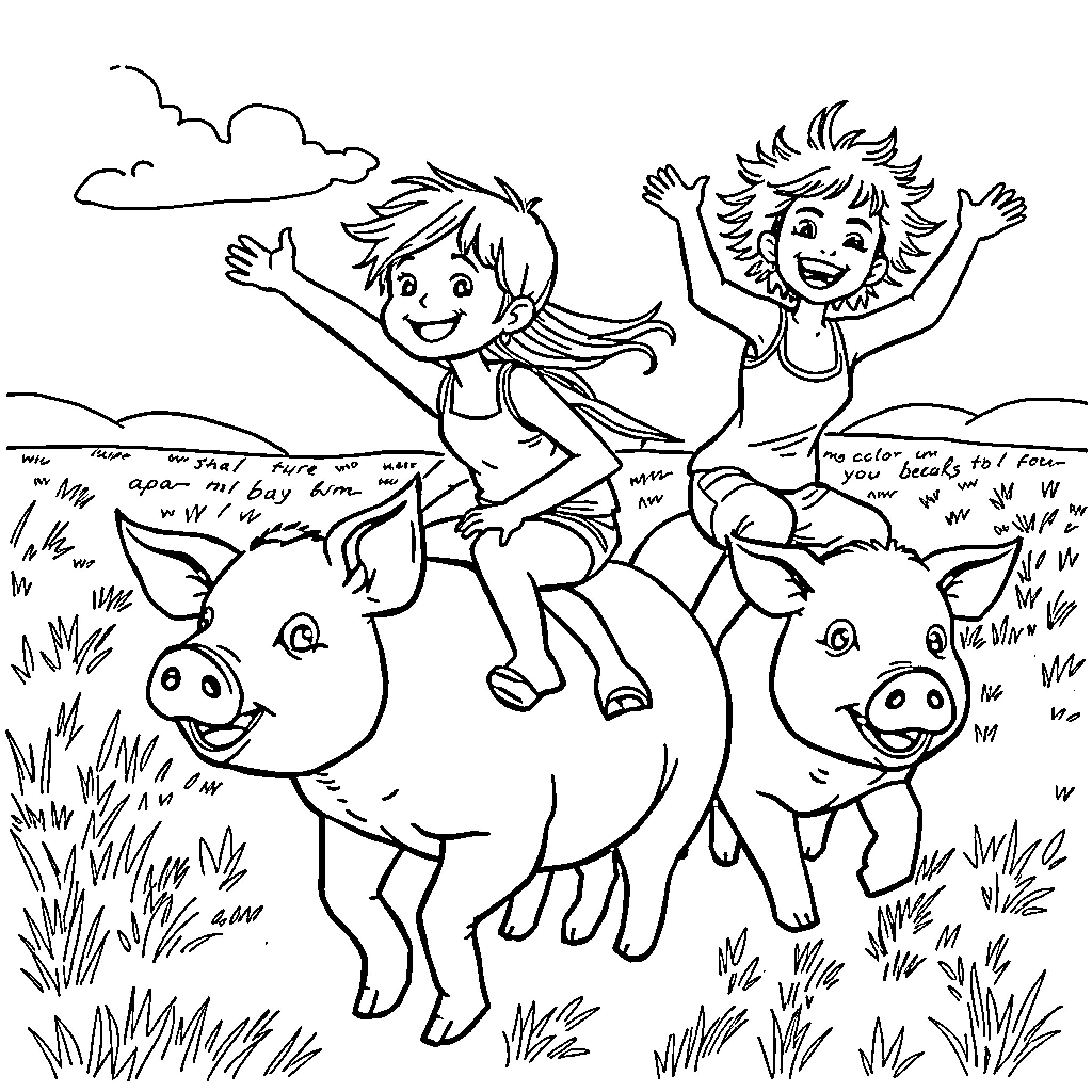 Midget children riding happy pigs in the field Coloring Page (free black-and-white line drawing printable PDF for all, from beginners to advanced learners, including children, teens, adults, and seniors)