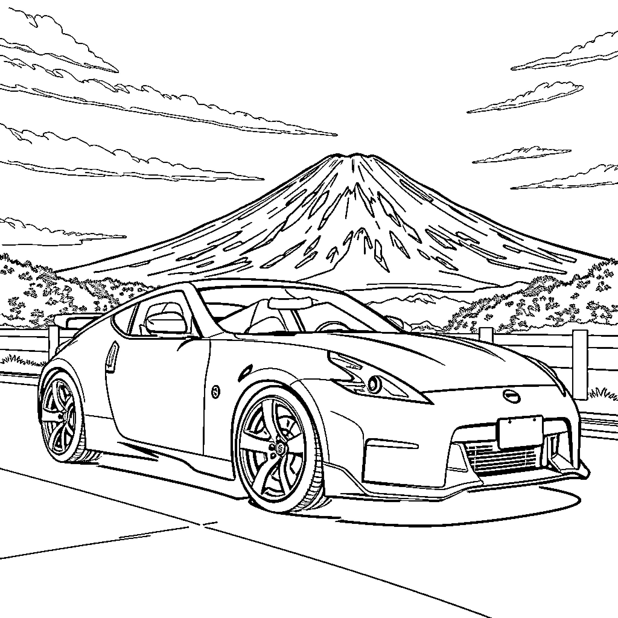 Nissan sports car with majestic mountain backdrop Coloring Page (free black-and-white line drawing printable PDF for all, from beginners to advanced learners, including children, teens, adults, and seniors)