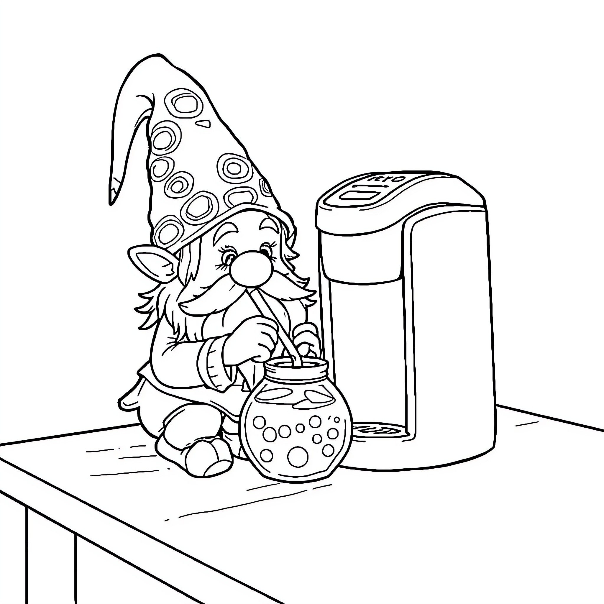 Gnome decorating with polka dot hat and coffee maker Coloring Page (free black-and-white line drawing printable PDF for all, from beginners to advanced learners, including children, teens, adults, and seniors)