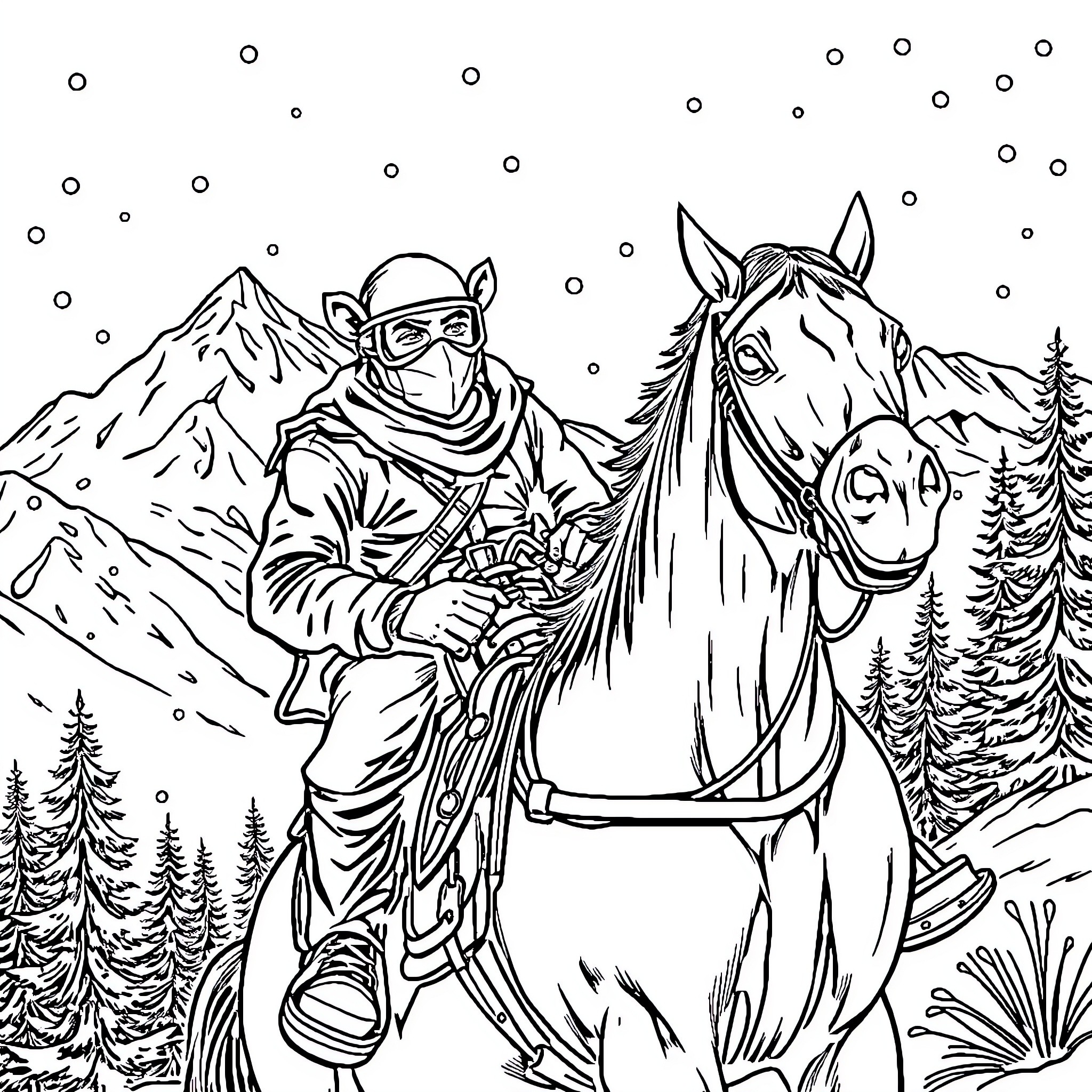 Rat on horseback in snowy mountain scene Coloring Page (free black-and-white line drawing printable PDF for all, from beginners to advanced learners, including children, teens, adults, and seniors)
