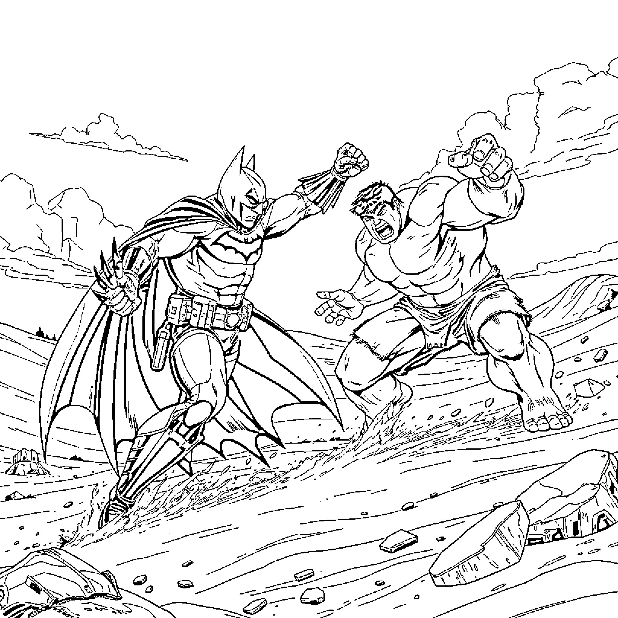 Batman battling a muscular foe in an outdoor setting Coloring Page (free black-and-white line drawing printable PDF for all, from beginners to advanced learners, including children, teens, adults, and seniors)