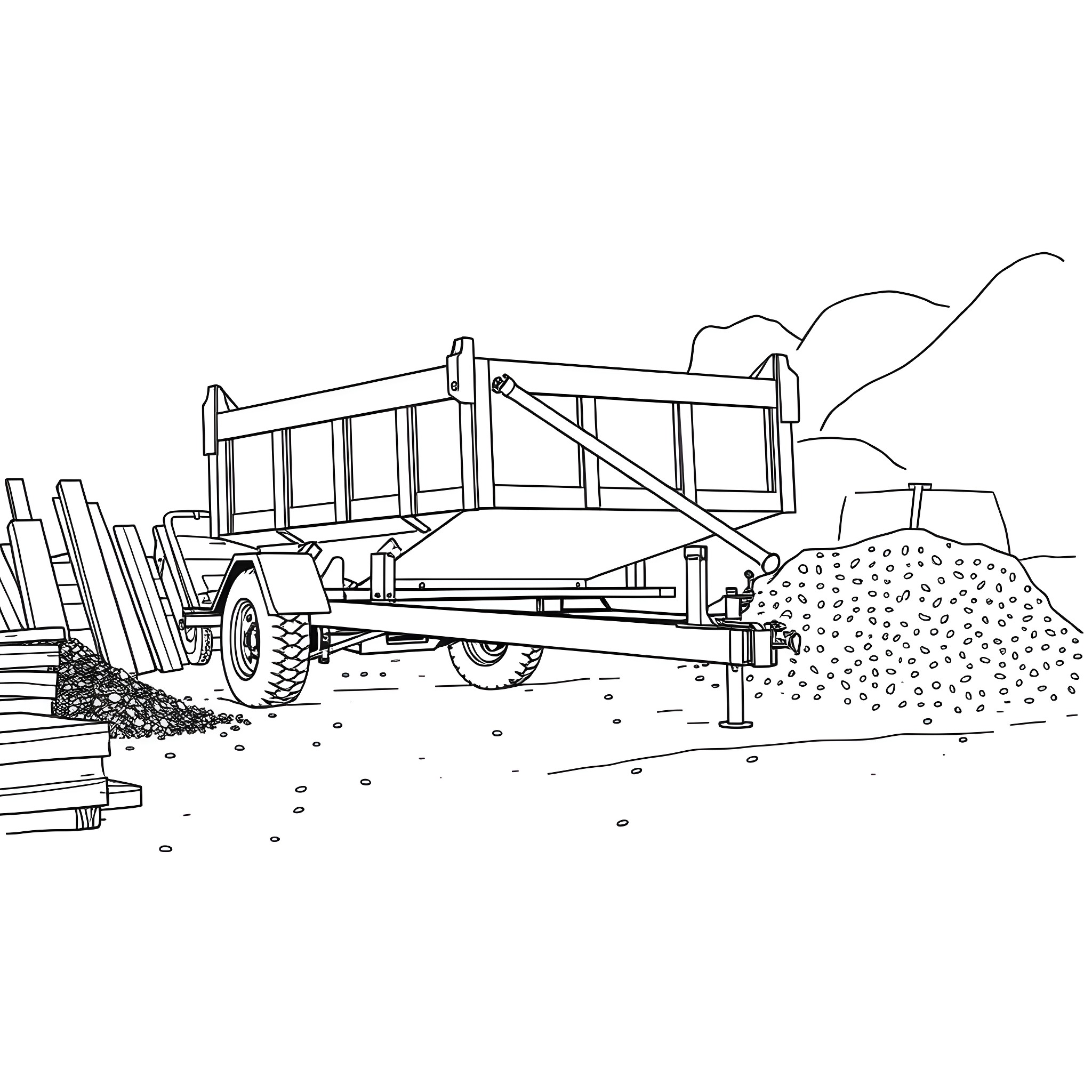 Dump Trailer Unloading Gravel on the Construction Site Coloring Page (free black-and-white line drawing printable PDF for all, from beginners to advanced learners, including children, teens, adults, and seniors)