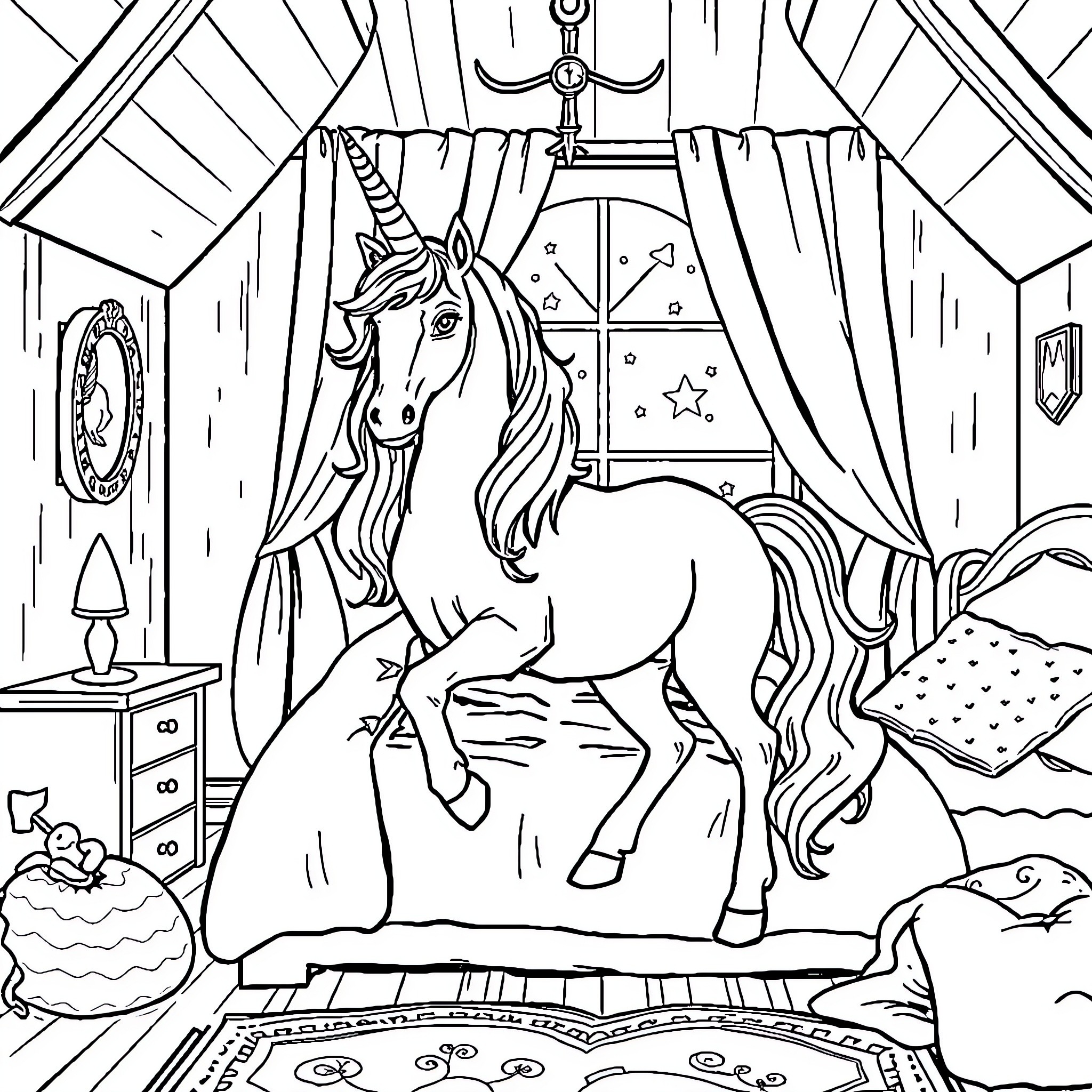 Unicorn resting in a cozy bedroom Coloring Page (free black-and-white line drawing printable PDF for all, from beginners to advanced learners, including children, teens, adults, and seniors)