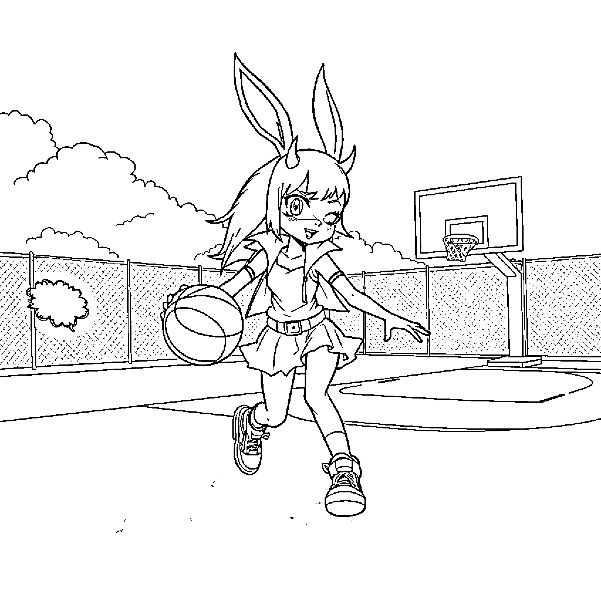 Kuromi playing basketball on the court Coloring Page (free black-and-white line drawing printable PDF for all, from beginners to advanced learners, including children, teens, adults, and seniors)
