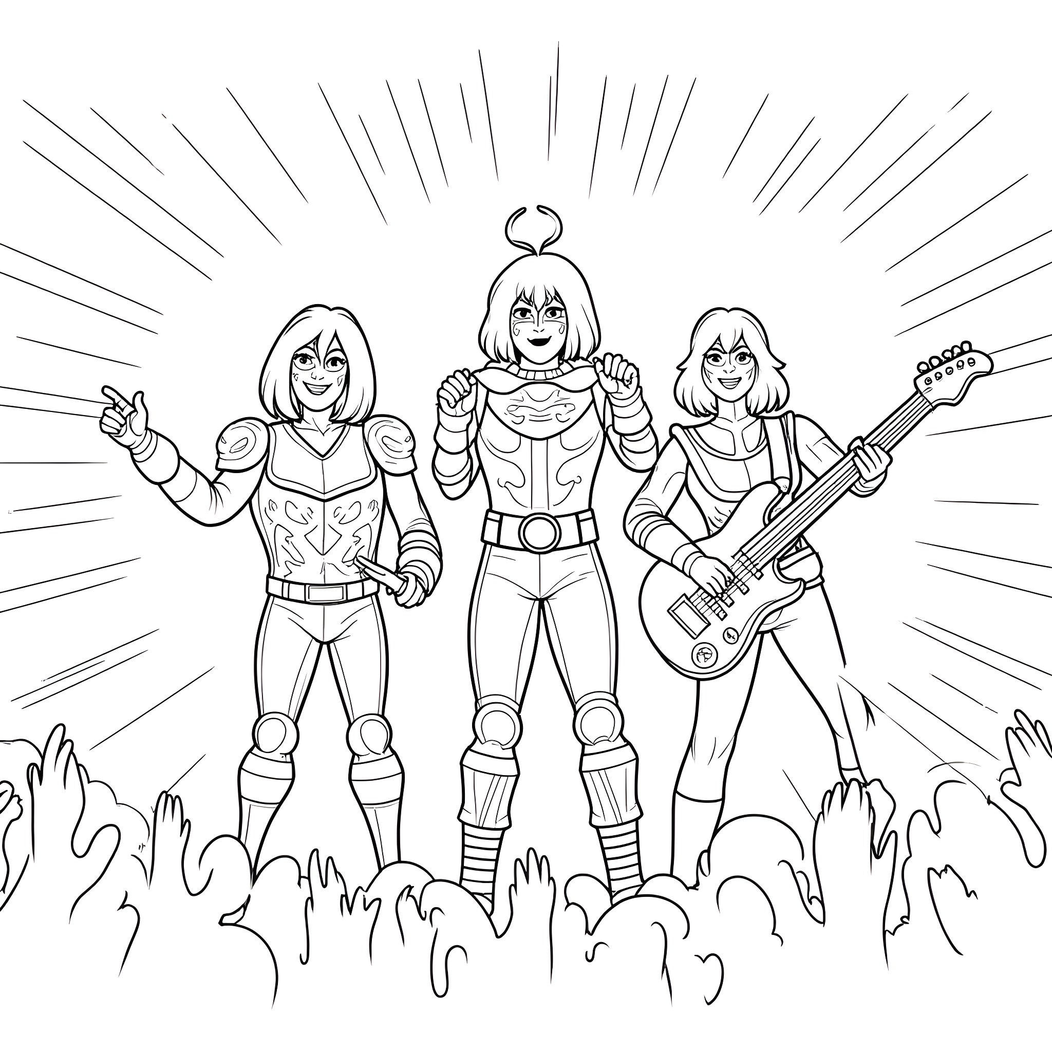 Friend rock band performing on stage Coloring Page (free black-and-white line drawing printable PDF for all, from beginners to advanced learners, including children, teens, adults, and seniors)