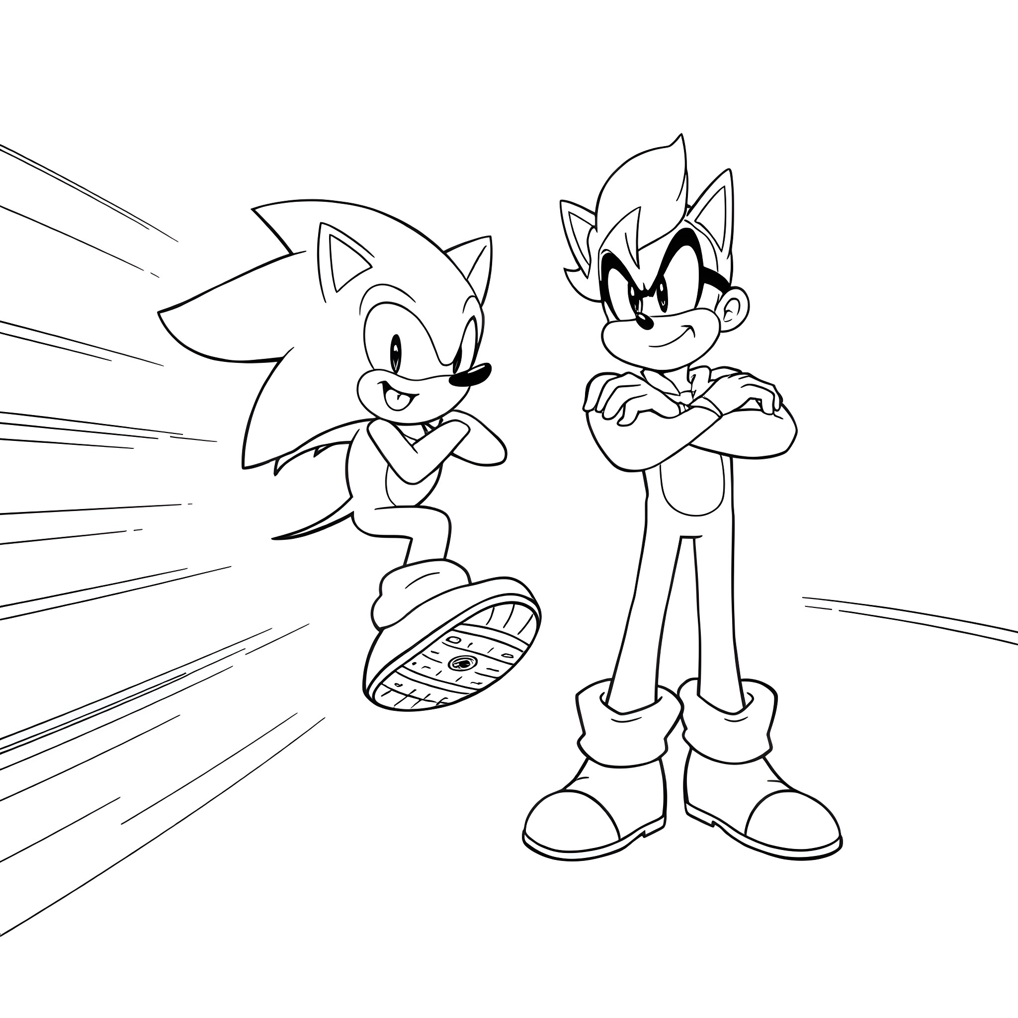 Sonic and Knuckles in Action Coloring Page (free black-and-white line drawing printable PDF for all, from beginners to advanced learners, including children, teens, adults, and seniors)