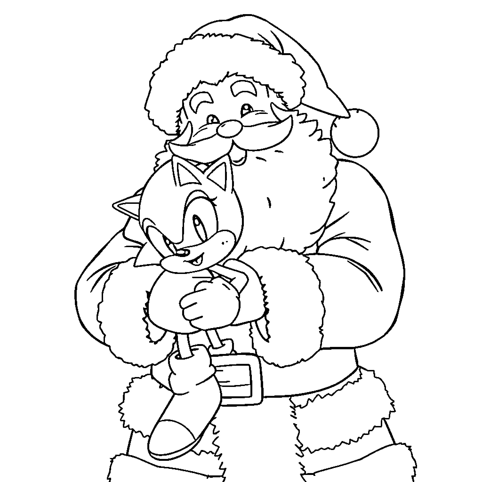 Santa hugging a cute cartoon cat Coloring Page (free black-and-white line drawing printable PDF for all, from beginners to advanced learners, including children, teens, adults, and seniors)