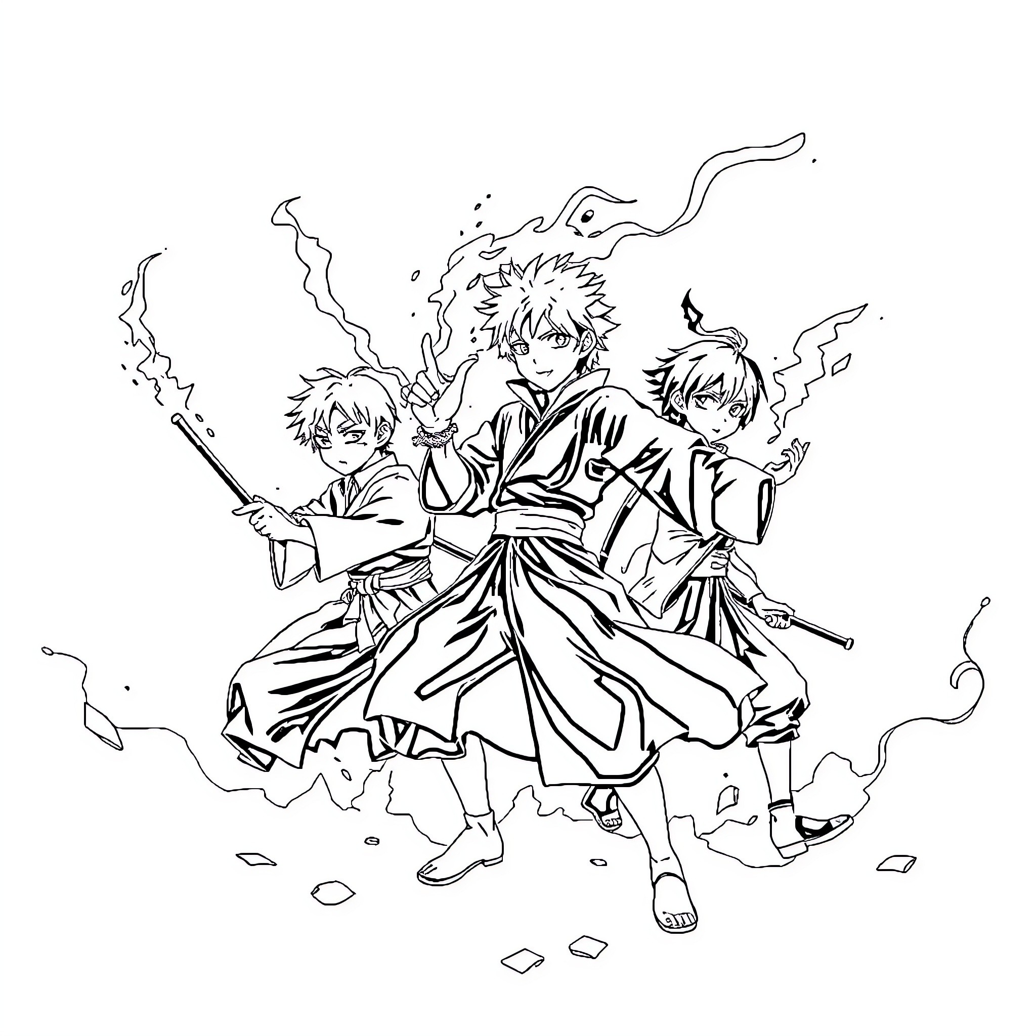 Jujutsu Kaisen: Powerful Sorcerers in Action Coloring Page (free black-and-white line drawing printable PDF for all, from beginners to advanced learners, including children, teens, adults, and seniors)