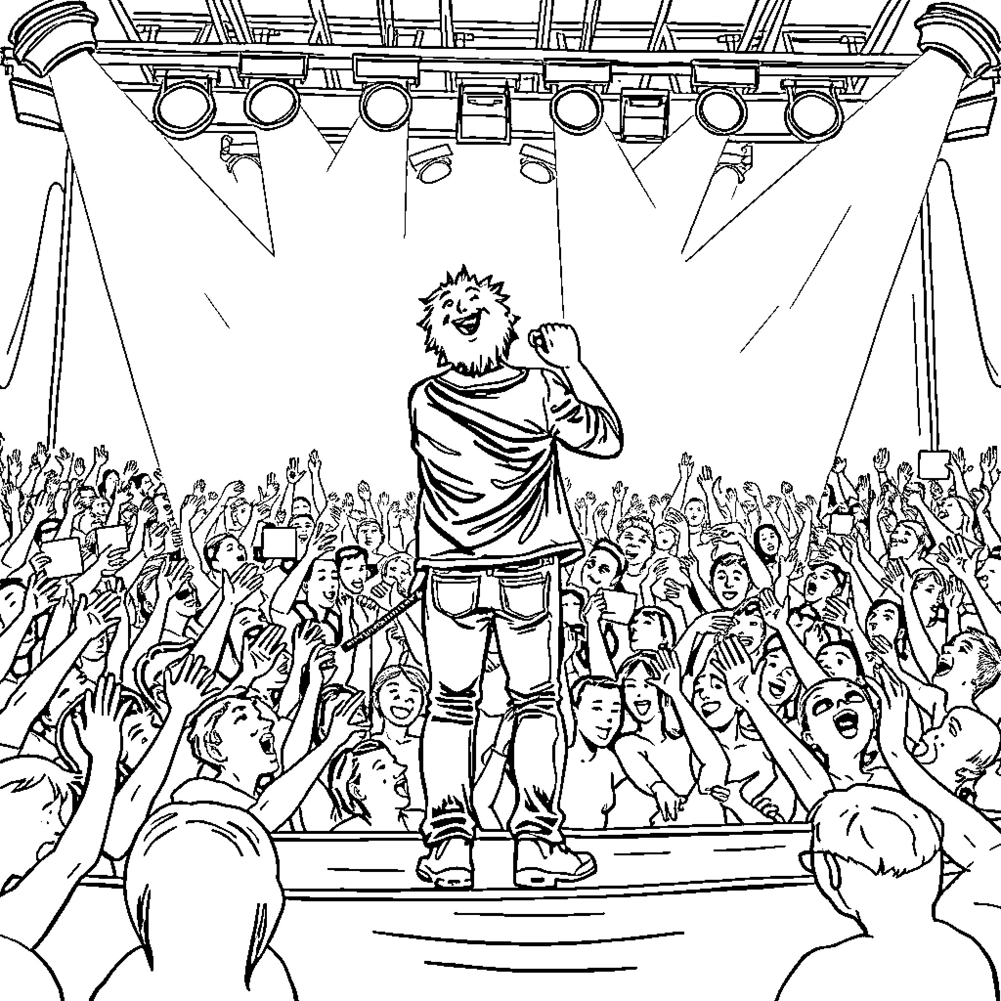Rock Singer Captivates Enthusiastic Crowd on Stage Coloring Page (free black-and-white line drawing printable PDF for all, from beginners to advanced learners, including children, teens, adults, and seniors)