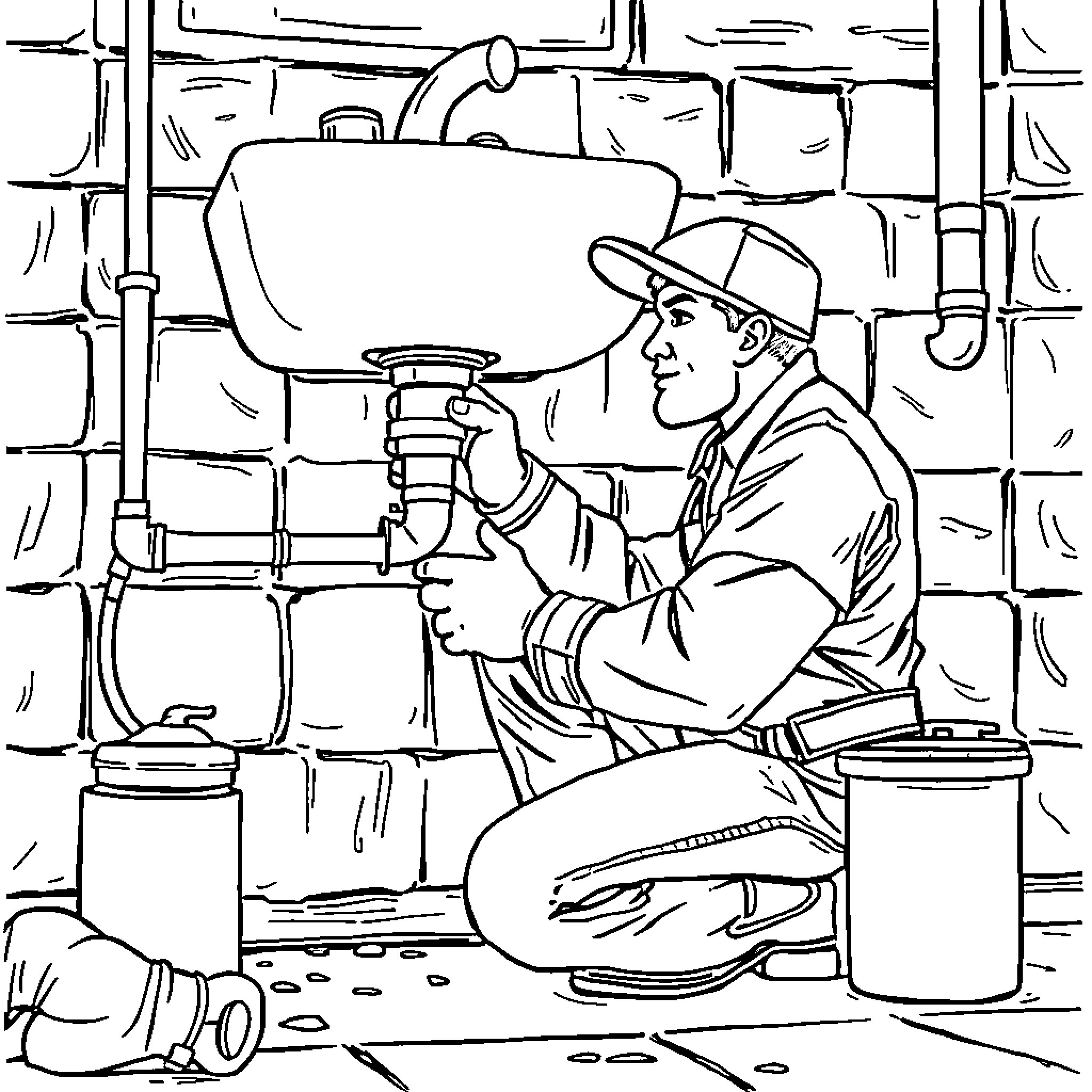 Plumber repairing pipes in a dimly lit basement Coloring Page (free black-and-white line drawing printable PDF for all, from beginners to advanced learners, including children, teens, adults, and seniors)