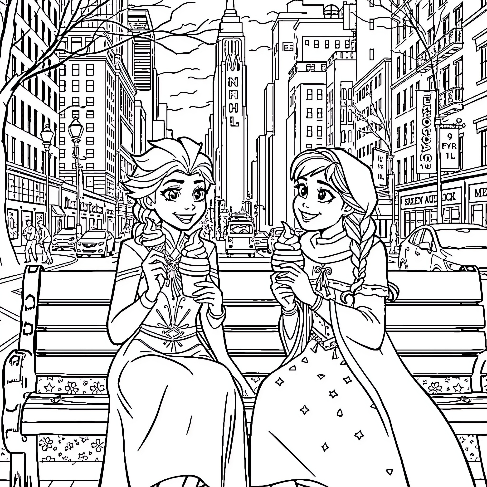 Elsa and Anna enjoying a day out in the city Coloring Page (free black-and-white line drawing printable PDF for all, from beginners to advanced learners, including children, teens, adults, and seniors)