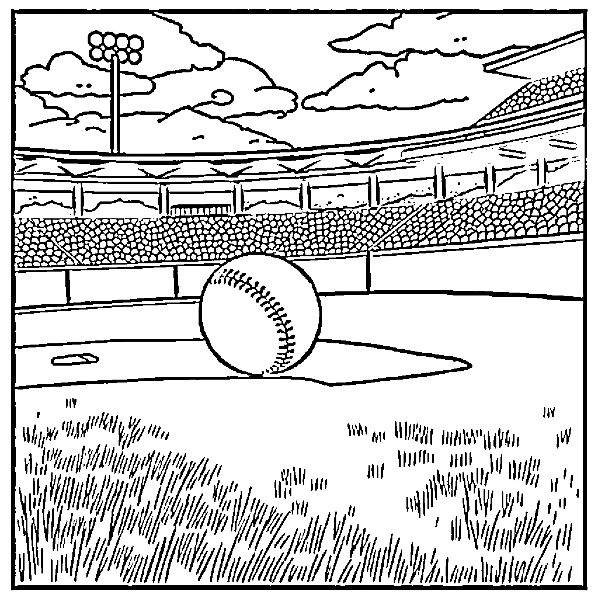 Baseball game in stadium with cloudy sky Coloring Page (free black-and-white line drawing printable PDF for all, from beginners to advanced learners, including children, teens, adults, and seniors)