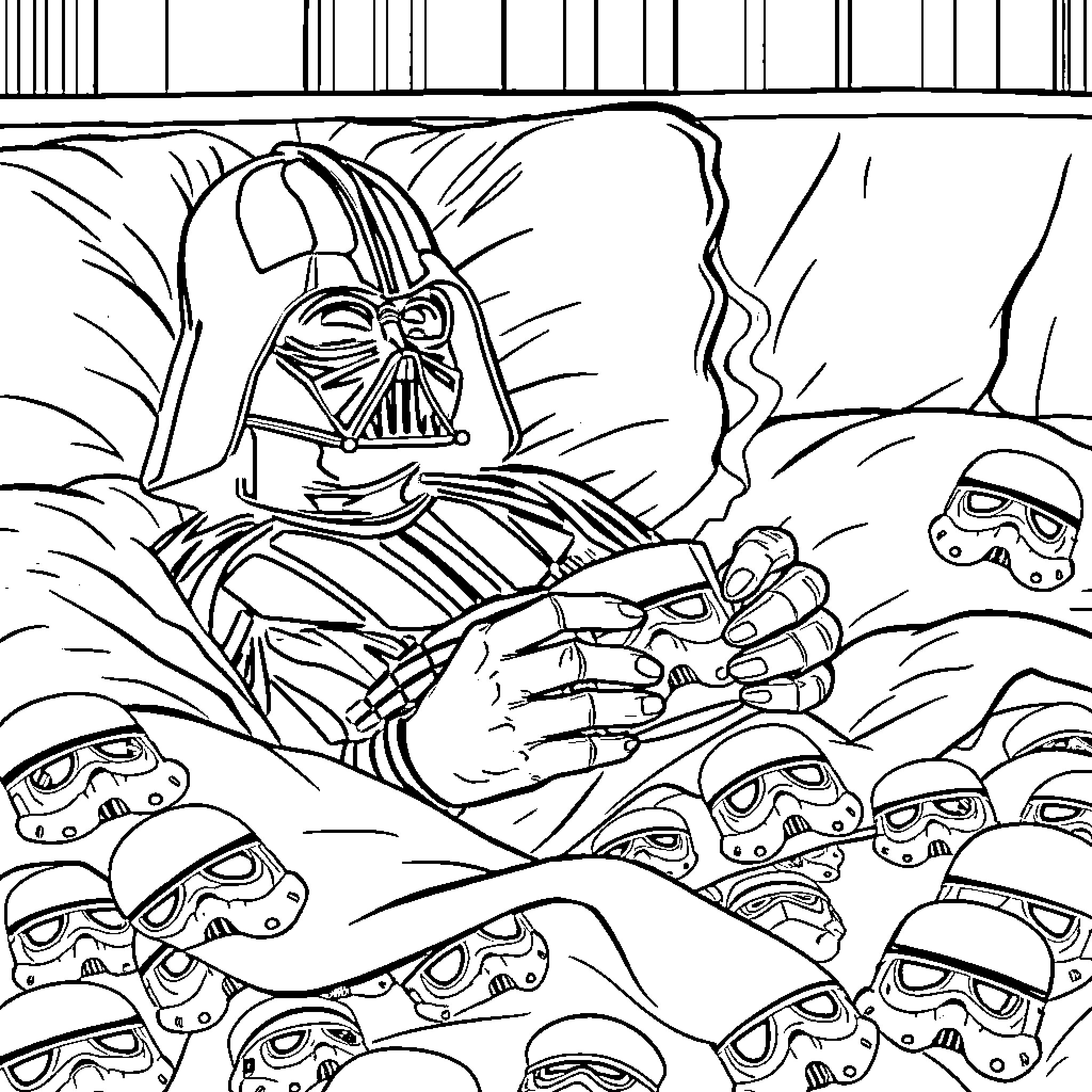 Darth Vader surrounded by Stormtroopers in an intense scene Coloring Page (free black-and-white line drawing printable PDF for all, from beginners to advanced learners, including children, teens, adults, and seniors)