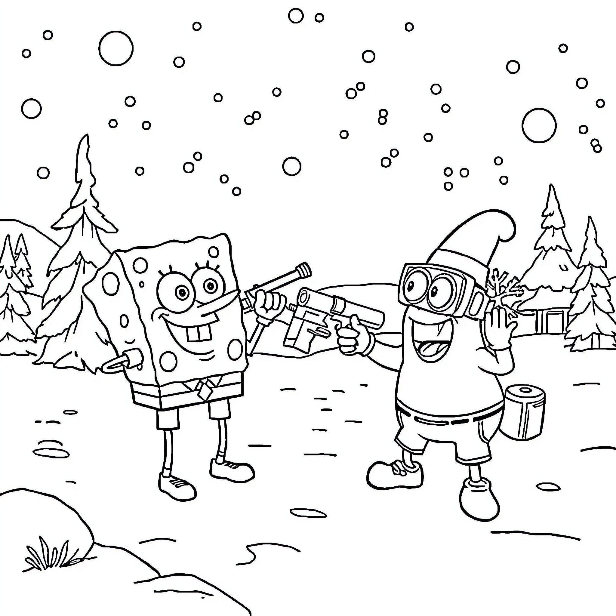 Spongebob and Patrick playing in the snow Coloring Page (free black-and-white line drawing printable PDF for all, from beginners to advanced learners, including children, teens, adults, and seniors)