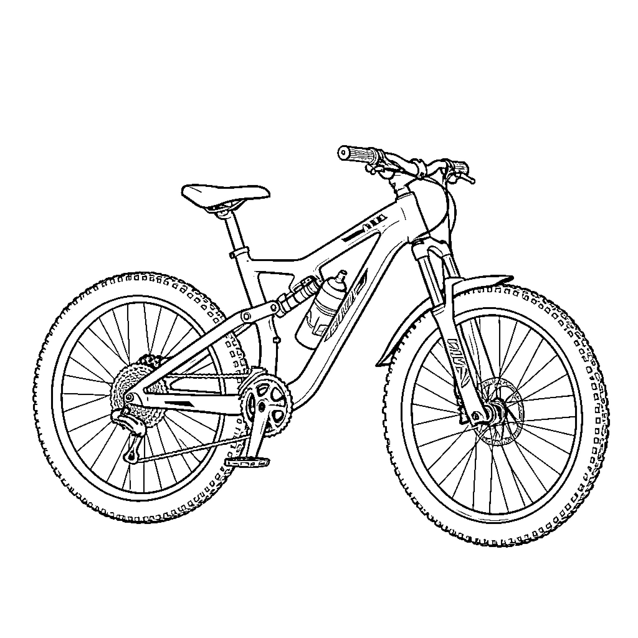 Mountain Bike standing stationary with water bottle attached Coloring Page (free black-and-white line drawing printable PDF for all, from beginners to advanced learners, including children, teens, adults, and seniors)