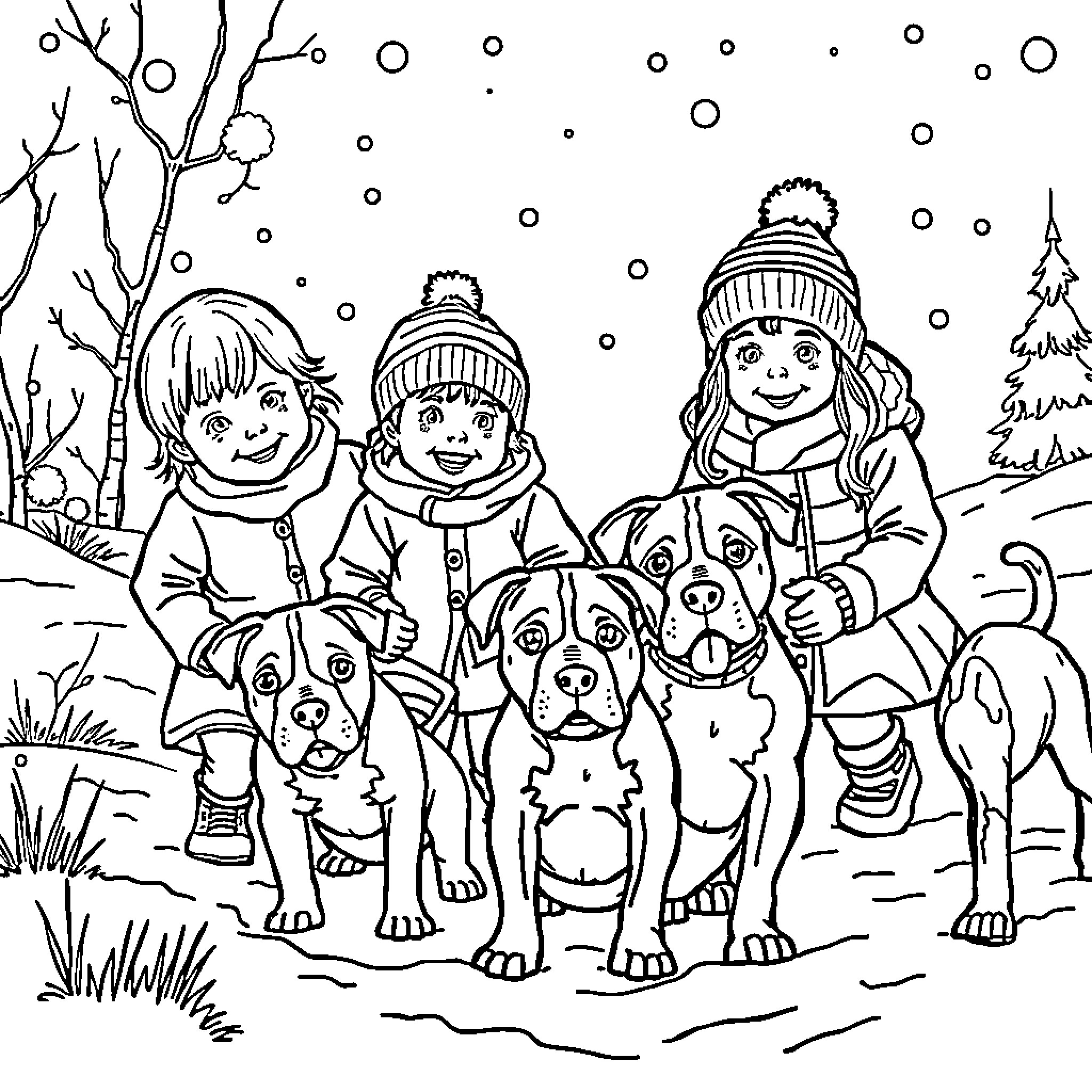 Child playing with dogs in winter wonderland Coloring Page (free black-and-white line drawing printable PDF for all, from beginners to advanced learners, including children, teens, adults, and seniors)