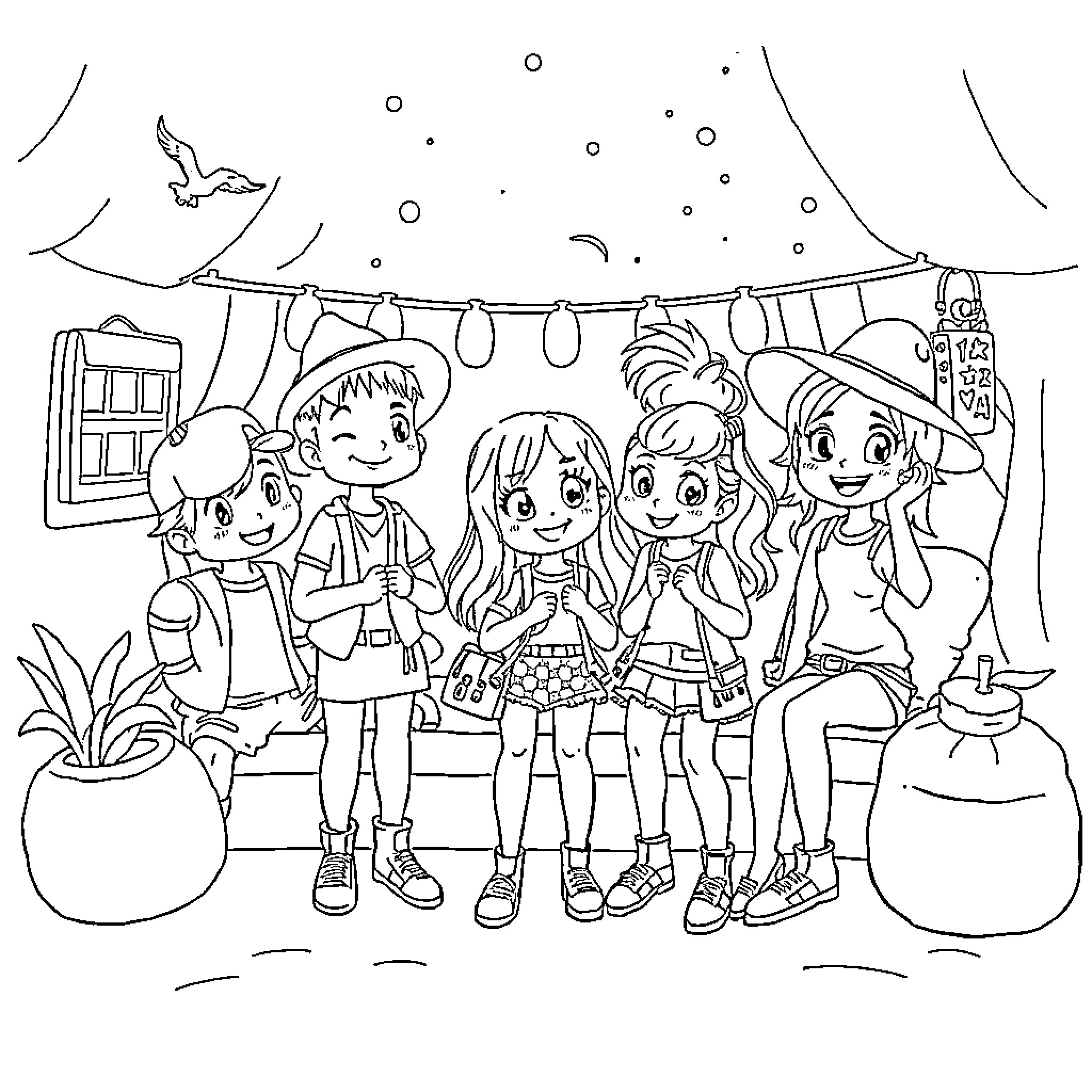 Characters enjoying a festive outdoor scene Coloring Page (free black-and-white line drawing printable PDF for all, from beginners to advanced learners, including children, teens, adults, and seniors)