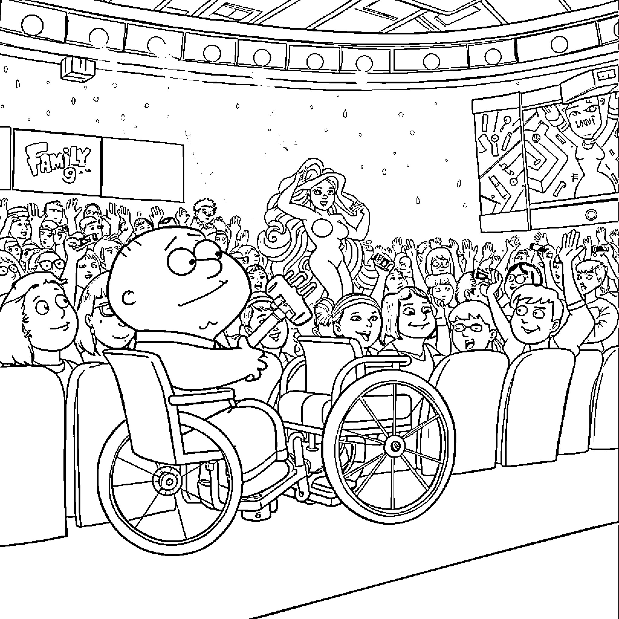 Stewie enjoys a lively theater performance Coloring Page (free black-and-white line drawing printable PDF for all, from beginners to advanced learners, including children, teens, adults, and seniors)