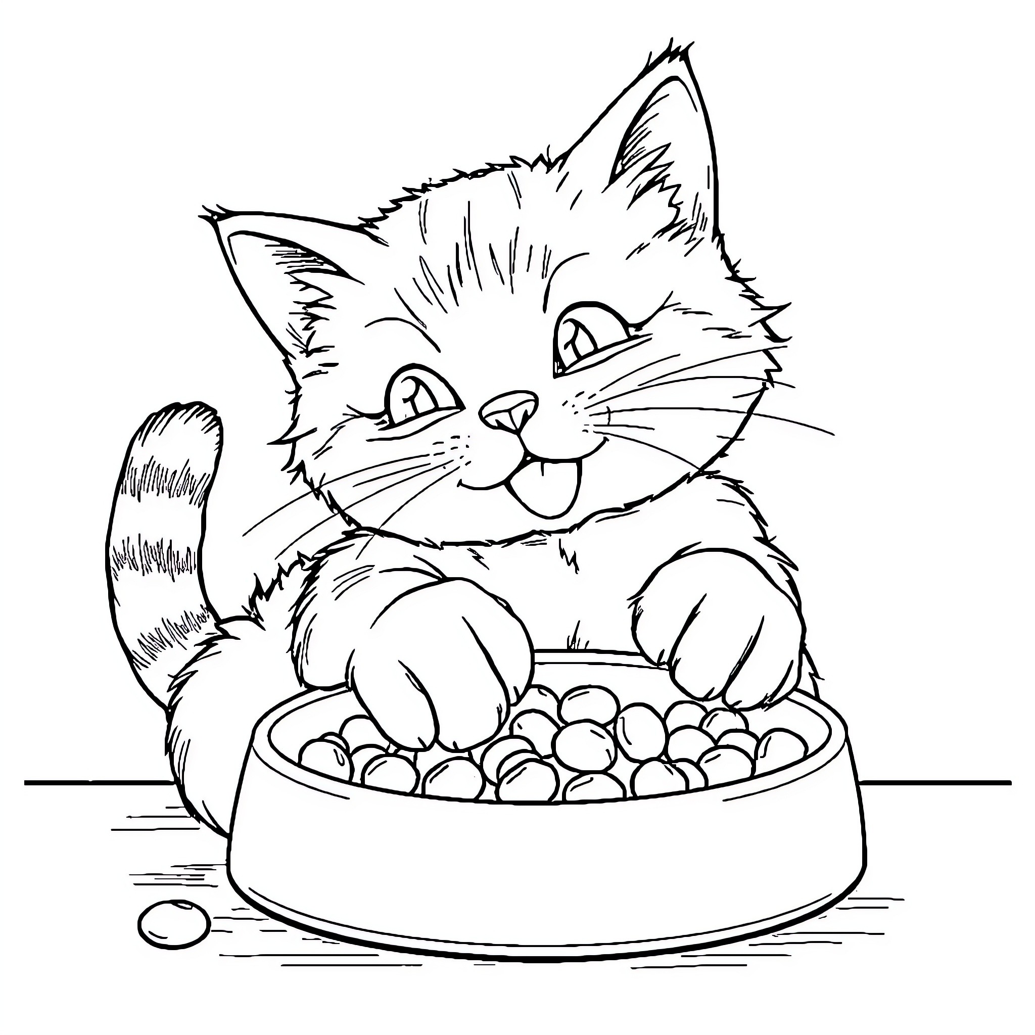 Cat enjoying a bowl of treats Coloring Page (free black-and-white line drawing printable PDF for all, from beginners to advanced learners, including children, teens, adults, and seniors)
