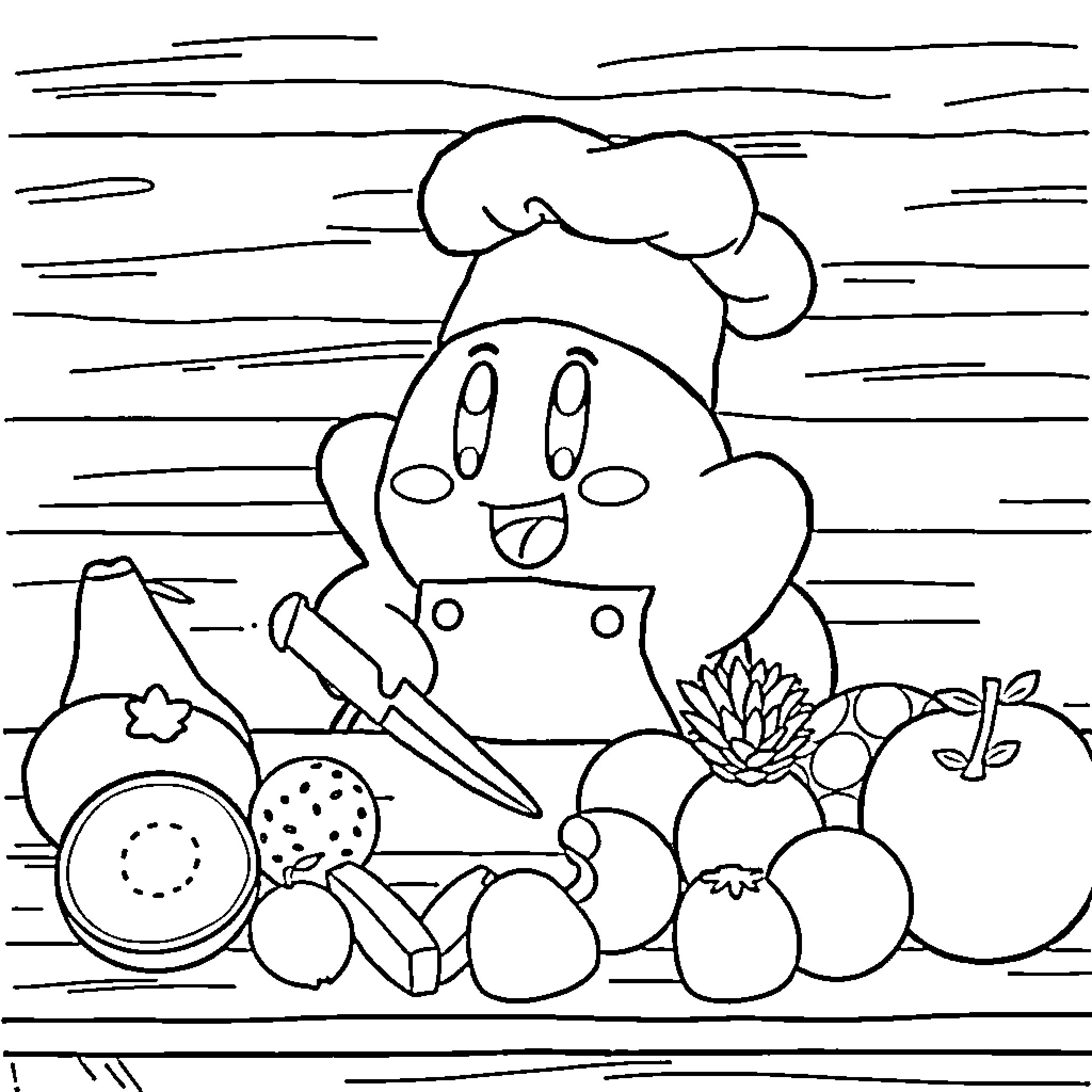 Kirby the Happy Chef with Fruits and Vegetables Coloring Page (free black-and-white line drawing printable PDF for all, from beginners to advanced learners, including children, teens, adults, and seniors)