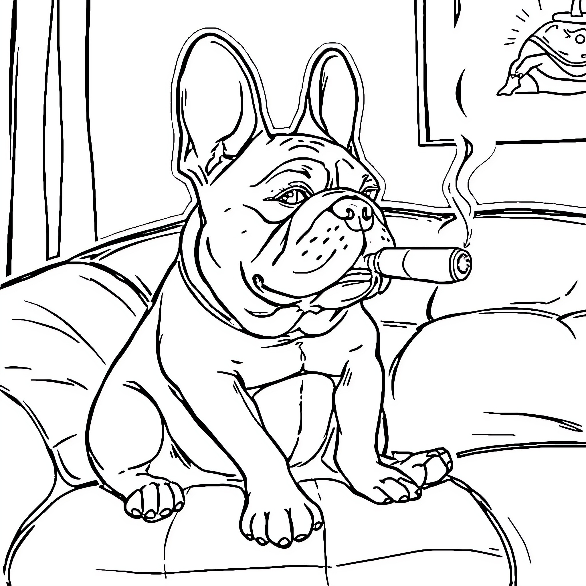 French Bulldog relaxing on sofa Coloring Page (free black-and-white line drawing printable PDF for all, from beginners to advanced learners, including children, teens, adults, and seniors)