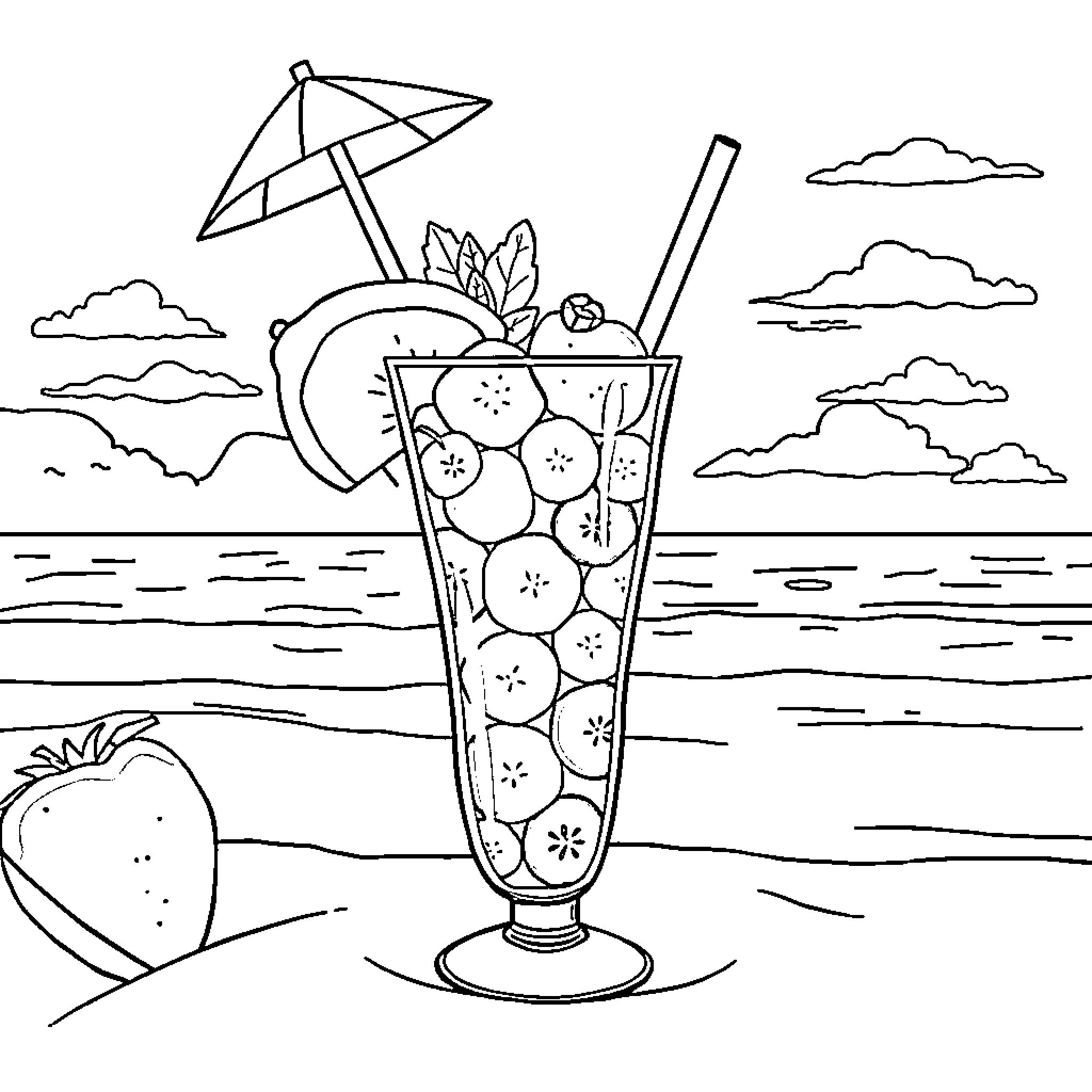 Cocktail by the beach with tropical fruits Coloring Page (free black-and-white line drawing printable PDF for all, from beginners to advanced learners, including children, teens, adults, and seniors)