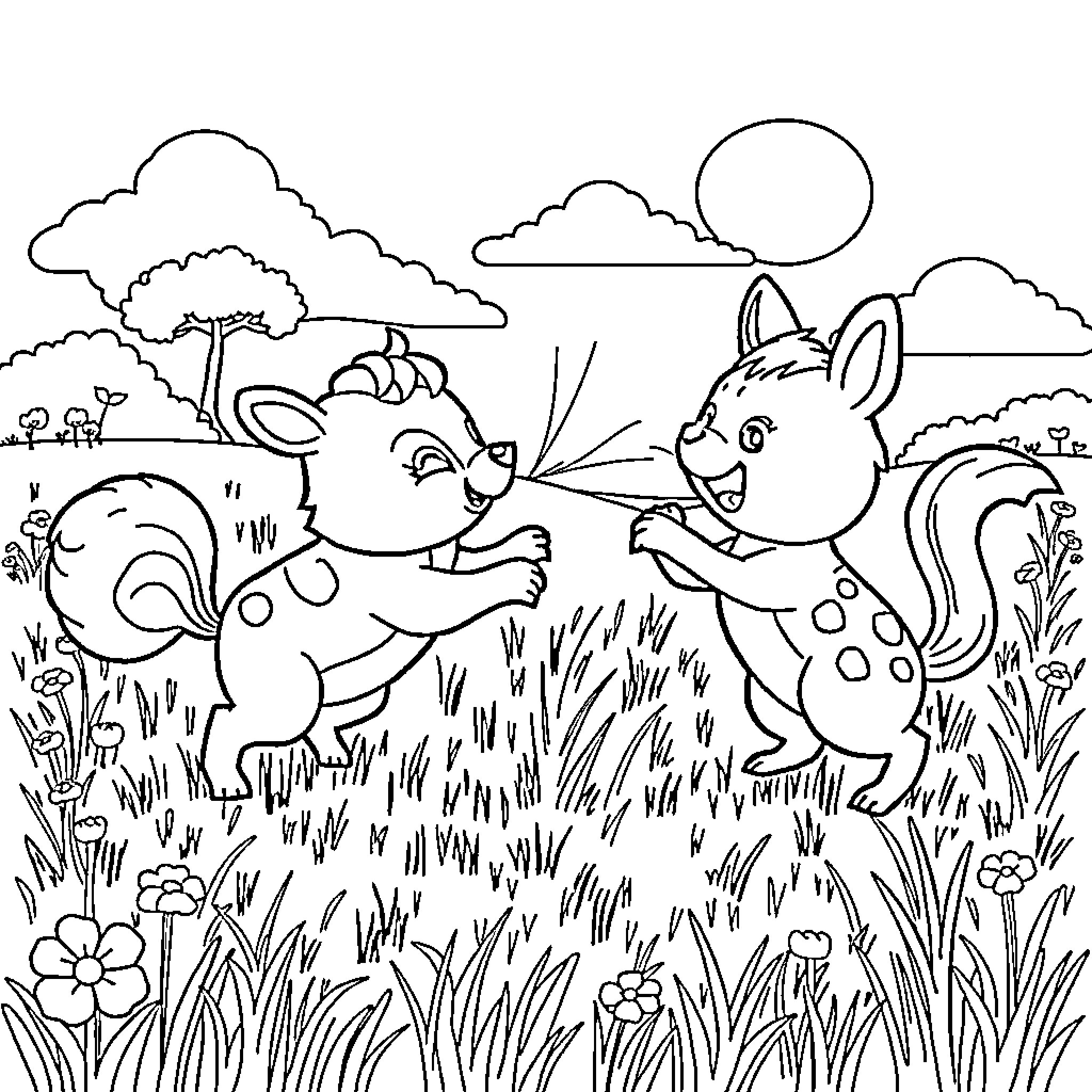 Animal friends playing in the meadow Coloring Page (free black-and-white line drawing printable PDF for all, from beginners to advanced learners, including children, teens, adults, and seniors)
